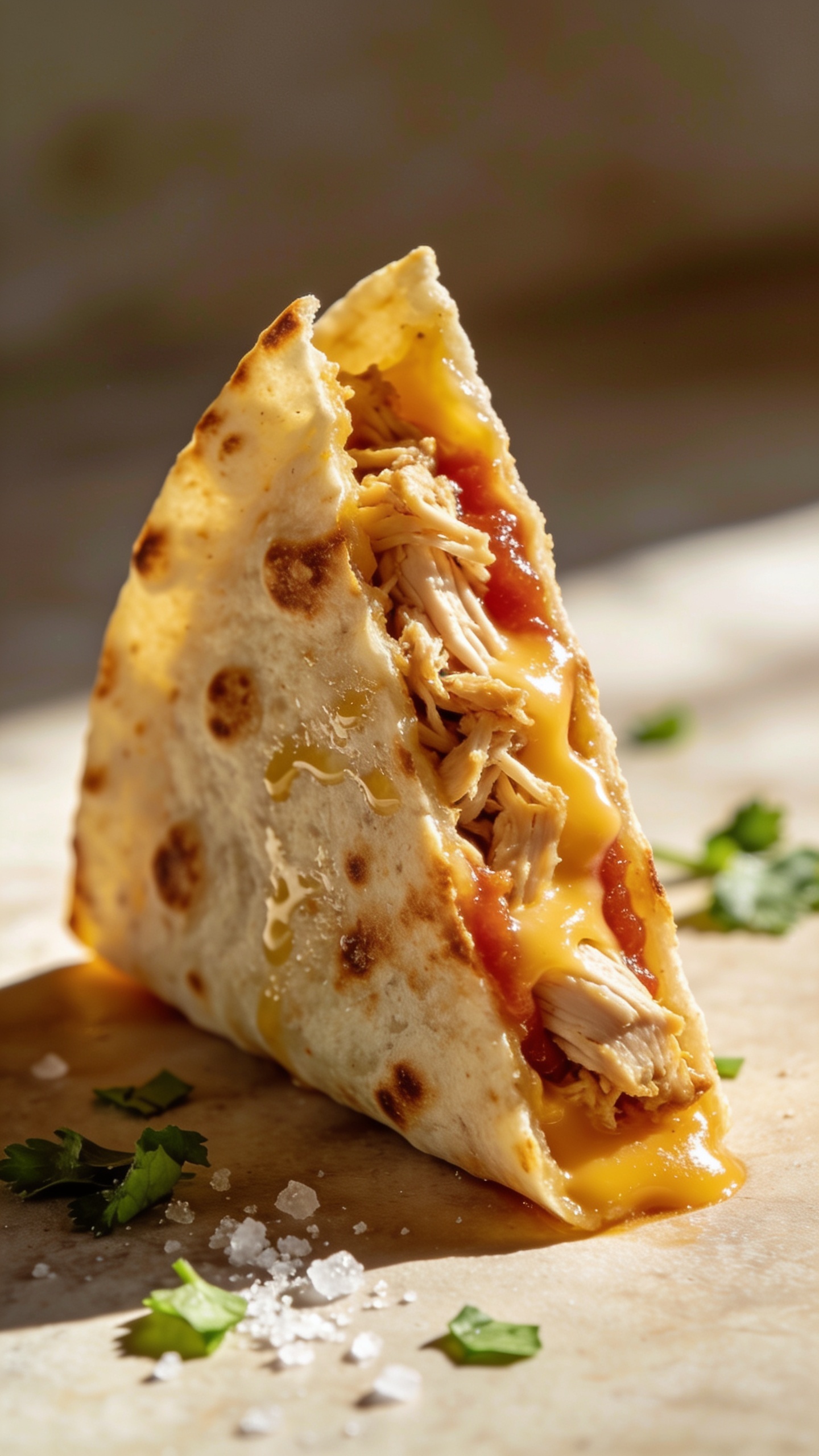 Macro side-angle close-up of a single quesadilla wedge propped on its cut edge to showcase the layered filling: juicy shredded chicken, melty Monterey Jack/cheddar blend, and a thin swipe of salsa peeking through; tortilla exterior ultra-crisp with tiny blistered spots and light brush of oil creating a gentle sheen; a few grains of flaky salt and finely chopped cilantro scattered around; warm, bright natural light raking across the surface to highlight textures; minimal props softly blurred, food filling 90–95% of the frame, cohesive premium food-blog aesthetic.