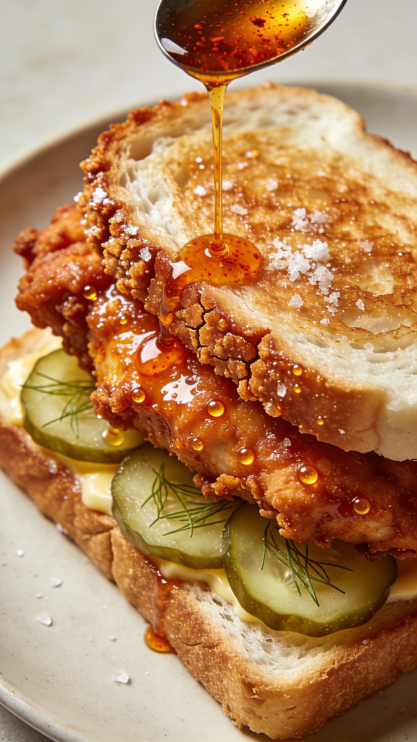 Macro angle detail shot from slightly overhead: the same plated Nashville hot chicken on butter-toasted white bread with dill pickle chips; a spoon drizzling a final thin stream of hot cayenne oil over the crust, creating glistening highlights and tiny droplets beading along the ridges; crunchy edges and crackled coating clearly visible; a light sprinkle of coarse salt crystals catching the light; warm, vibrant tones, bright natural lighting, shallow depth of field; 90–95% of frame filled with the food on a neutral plate; premium, cohesive styling matching the first two images; no text, no hands.