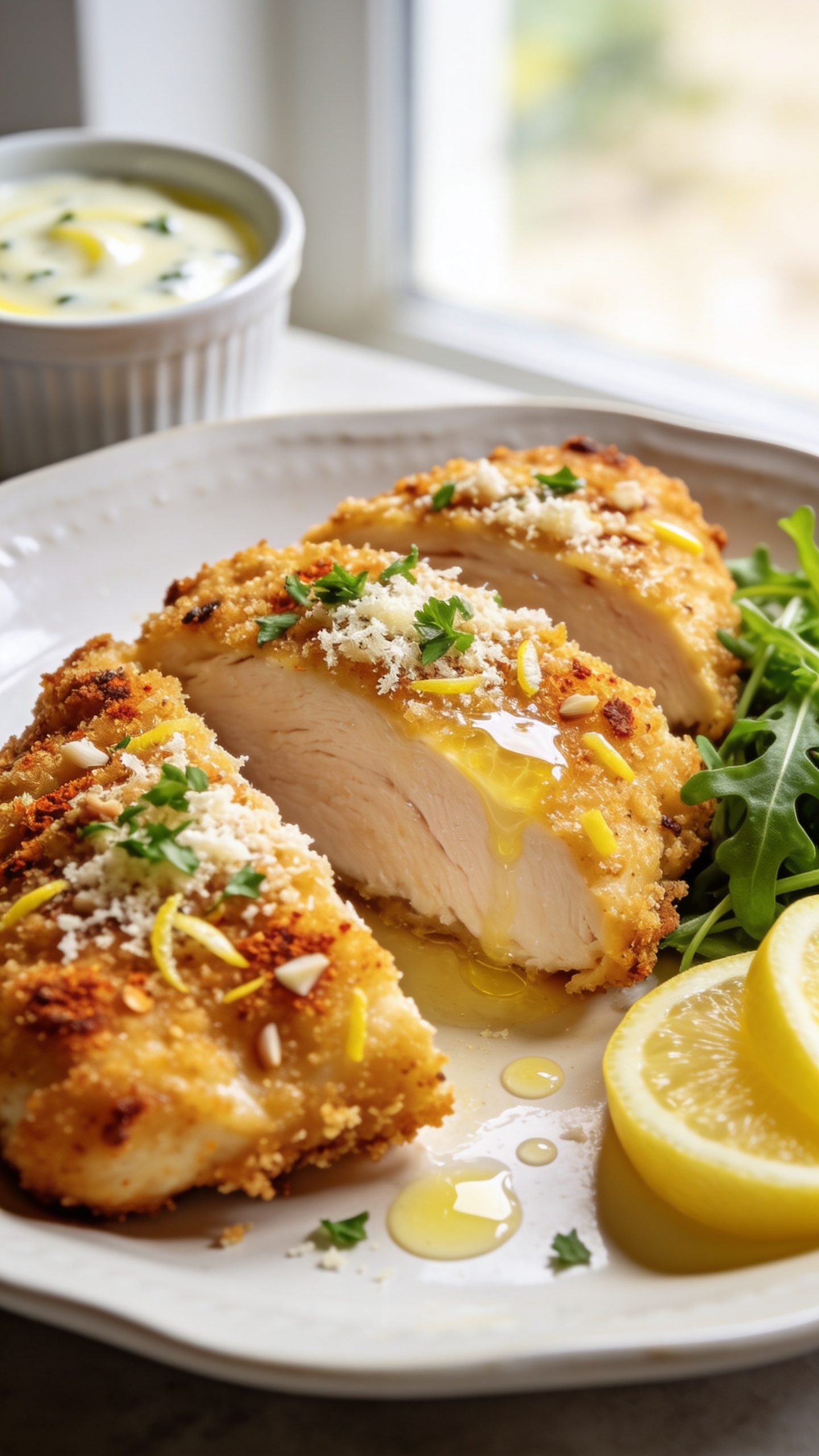 Ultra close-up hero shot of Healthy Baked Parmesan Chicken: golden, oven-baked chicken cutlets with a deeply crisp, panko-and-Parmesan crust, flecked with paprika, garlic, and lemon zest, sprinkled with finely grated Parmesan and fresh chopped parsley. The chicken is sliced on a white ceramic plate to reveal perfectly juicy, tender interior with clear juices glistening; a glossy squeeze of lemon has just kissed the surface, leaving tiny citrus droplets and a light sheen. Serve alongside a small pile of arugula and two lemon wedges tucked to the side, with a ramekin of light lemon-garlic yogurt sauce in the background blur. Bright natural window light, shallow depth of field, food fills 90–95% of frame, premium food-blog styling, crisp textures, warm golden tones.