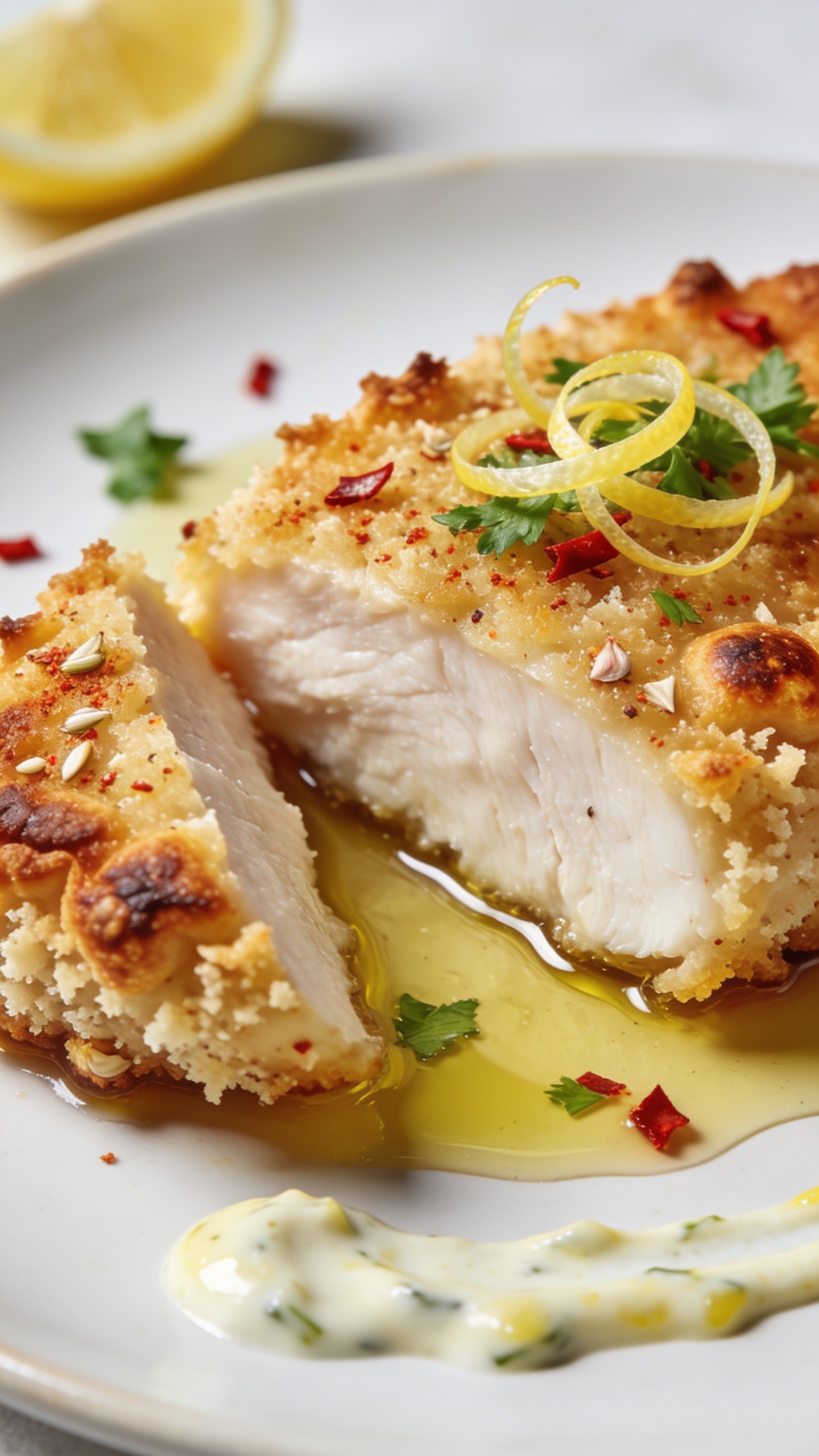 Macro angled close-up of the same finished dish focusing on textures: the baked Parmesan crust in sharp detail—craggy, golden-brown edges with micro blistering and paprika-garlic speckles—over a juicy, tender white interior visible where the cutlet is sliced. A light drizzle of olive oil gives a gentle gloss; a pinch of red pepper flakes and fresh chopped parsley scatter over top, with delicate lemon zest curls adding brightness. A small smear of lemon-garlic yogurt sauce on the plate edge and a blurred lemon wedge in the background provide context. Bright natural lighting, shallow depth of field, 90–95% frame filled with food, cohesive premium food-blog look.