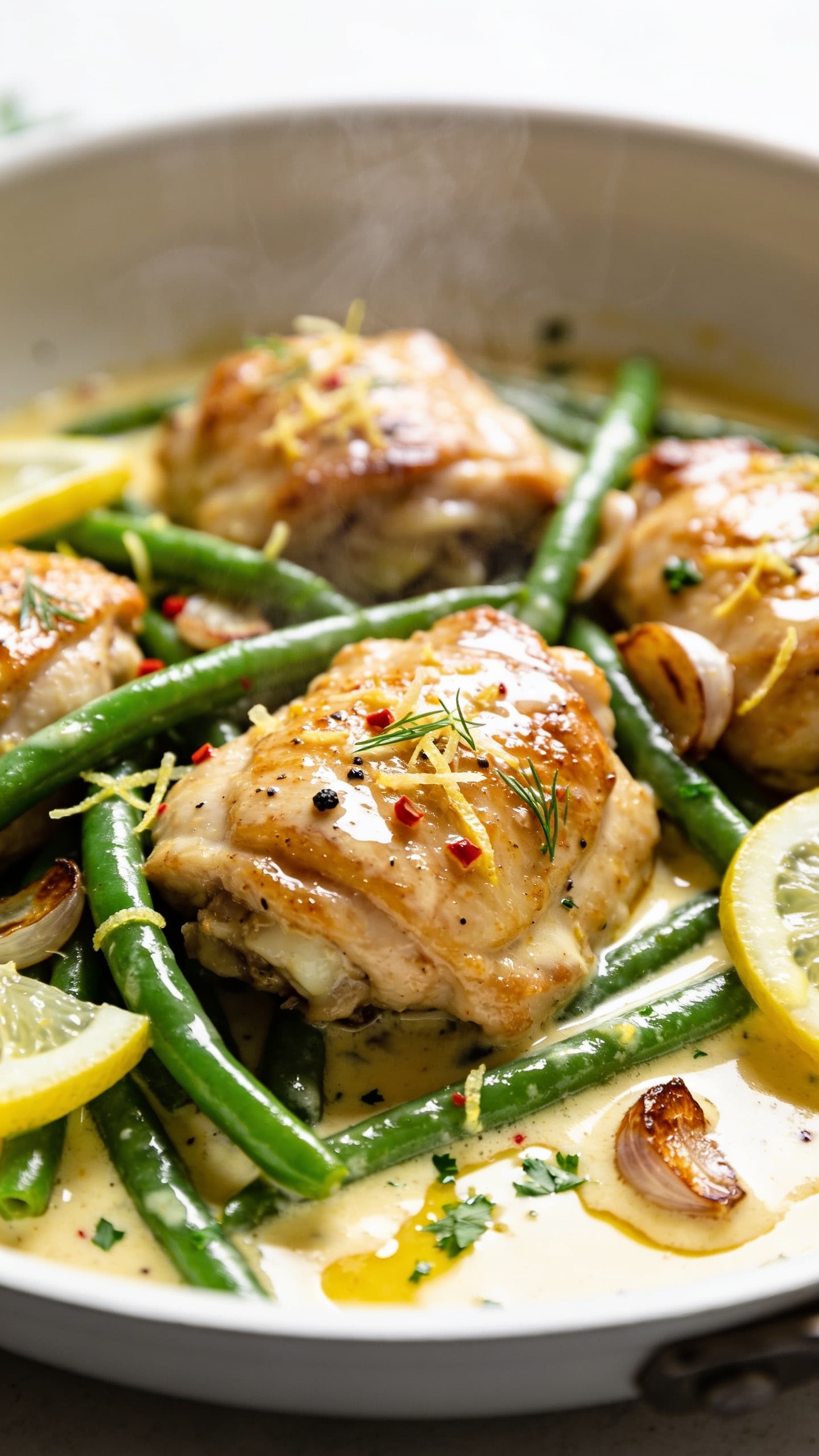 Ultra-close hero shot of Garlic Butter Chicken with Green Beans: bite-size golden-seared chicken thighs glistening in glossy garlic-butter sauce, nestled with tender-crisp bright green beans, thin lemon slices and micro-grated zest scattered lightly, tiny red pepper flakes and freshly cracked black pepper visible, flecks of chopped parsley melting into the butter, a few browned garlic slices peeking through. Shot in bright natural side light on a matte white shallow skillet, shallow depth of field, 90â95% food filling the frame, creamy bokeh, steam subtly rising, rich highlights on the butter sauce pooling at the bottom, premium food-blog style.