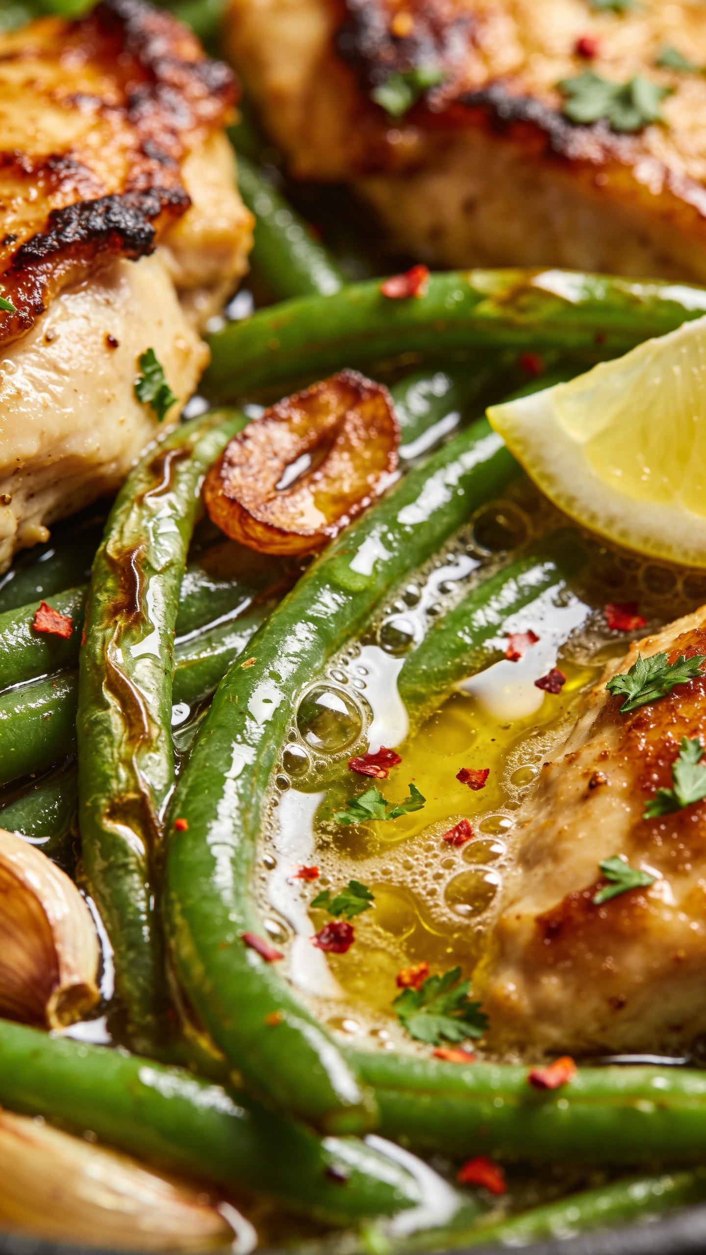 Extreme close-up angle from low three-quarters: focus on the saucy texturesâcaramelized edges of chicken, blistered-tender green beans with a light sheen, browned garlic slices, micro-bubbles of butter sauce pooling and catching light, scattered red pepper flakes, parsley, and a thin wedge of lemon partially pressed into the sauce. Bright natural light, shallow depth of field, the dish filling 90â95% of the frame, cohesive with the hero image styling, capturing rich gloss, vibrant greens, and golden tones.