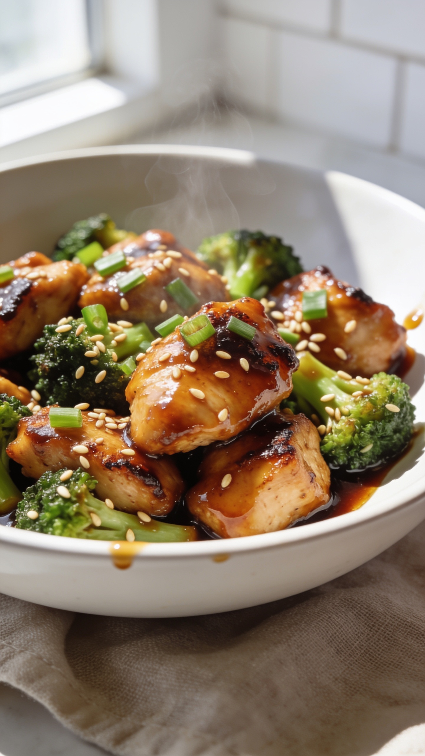 Ultra-close hero shot of honey garlic chicken and broccoli in a shallow white bowl, 90â95% frame filled with glossy bite-size chicken thigh pieces lacquered in a deep amber honey-garlic-soy glaze, nestled with vibrant, crisp-tender broccoli florets; scattered toasted sesame seeds and fine-sliced green onions; a few glistening sauce puddles clinging to the bowl; steam subtly rising; bright natural window light from the left, gentle shadows to the right; shallow depth of field with foreground chicken in razor focus showing sticky glaze and caramelized edges; neutral linen and a blurred white tile background to keep the dish the star; premium food-blog styling, no text, no hands, no extra props.