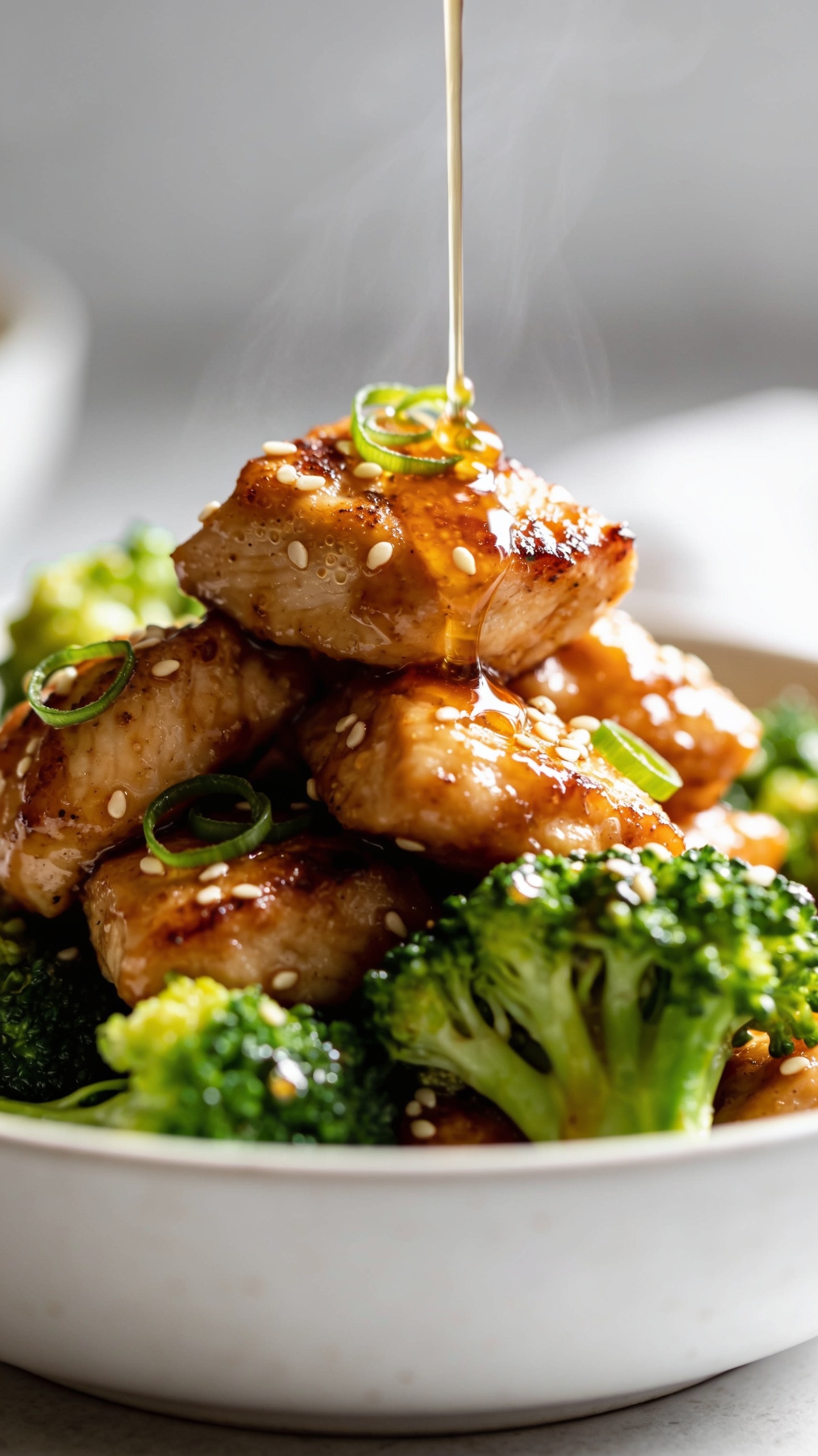 Extreme close-up from a low angle across the rim of the same white bowl, focusing on a clustered stack of the finished honey garlic chicken and broccoli; chicken pieces showing sticky, glassy glaze with micro-bubbles and lightly crisped edges; broccoli vivid and crisp-tender with tiny droplets catching light; a light extra drizzle of the honey-garlic-soy sauce trailing over the top piece and beading along the surface; sesame seeds and thin green onion curls sprinkled; steam faintly visible; bright natural side lighting, shallow depth of field with the front bite in pin-sharp focus; minimal, softly blurred background to maintain a cohesive premium food-blog look.