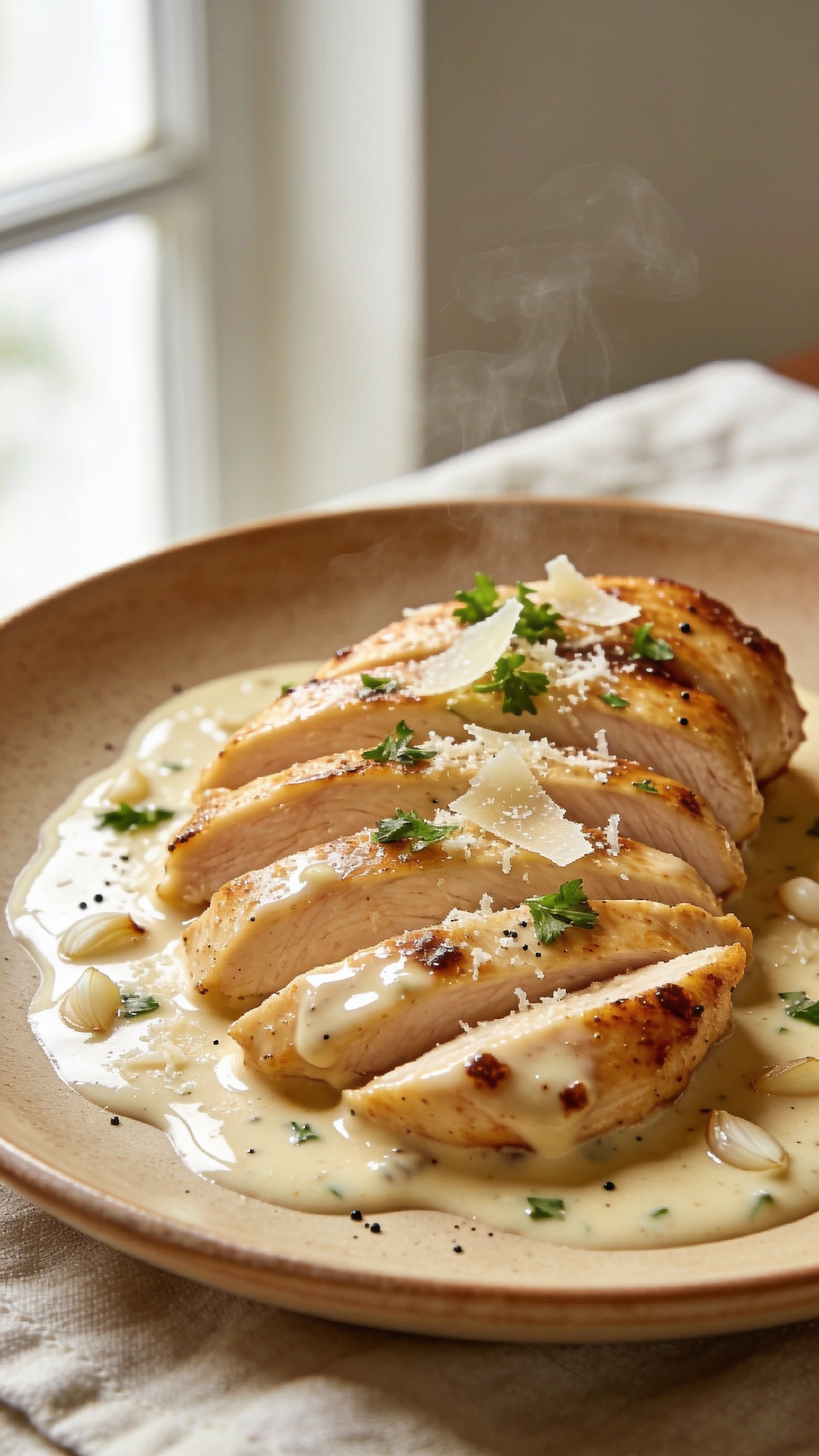Ultra close-up hero shot of Creamy Garlic Parmesan Chicken: golden pan-seared chicken breasts sliced and fanned over the plate, coated in a glossy, velvety cream sauce with visible minced garlic and finely grated Parmesan melted into the sauce, tiny browned bits lacquered on the chicken, sprinkled with freshly chopped parsley and a few thin shavings of Parmesan; sauce pooling around the chicken with soft ripples, a few cracks of black pepper on top; bright natural window light from the left, shallow depth of field, creamy bokeh, warm neutral plate on a light linen; rich textures, glistening sauce, steam subtly rising, food filling 90–95% of frame, cohesive premium food-blog styling.