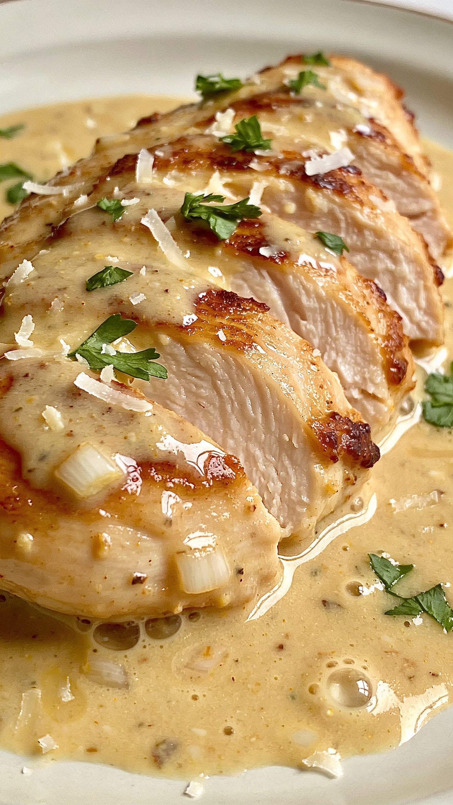 Macro close-up from a low three-quarter angle focusing on texture: a single chicken breast sliced to show ultra-juicy interior, edges crisp and caramelized, bathed in thick, glossy garlic-Parmesan sauce with visible garlic bits and emulsified sheen; fresh parsley scattered, a few delicate Parmesan shavings melting on contact; tiny bubbles and swirls in the sauce highlighting creaminess; bright side light creating appetizing highlights, shallow depth of field isolating the chicken and sauce, warm plate tones and neutral background, food dominating 90–95% of frame in the same styling as the hero image.