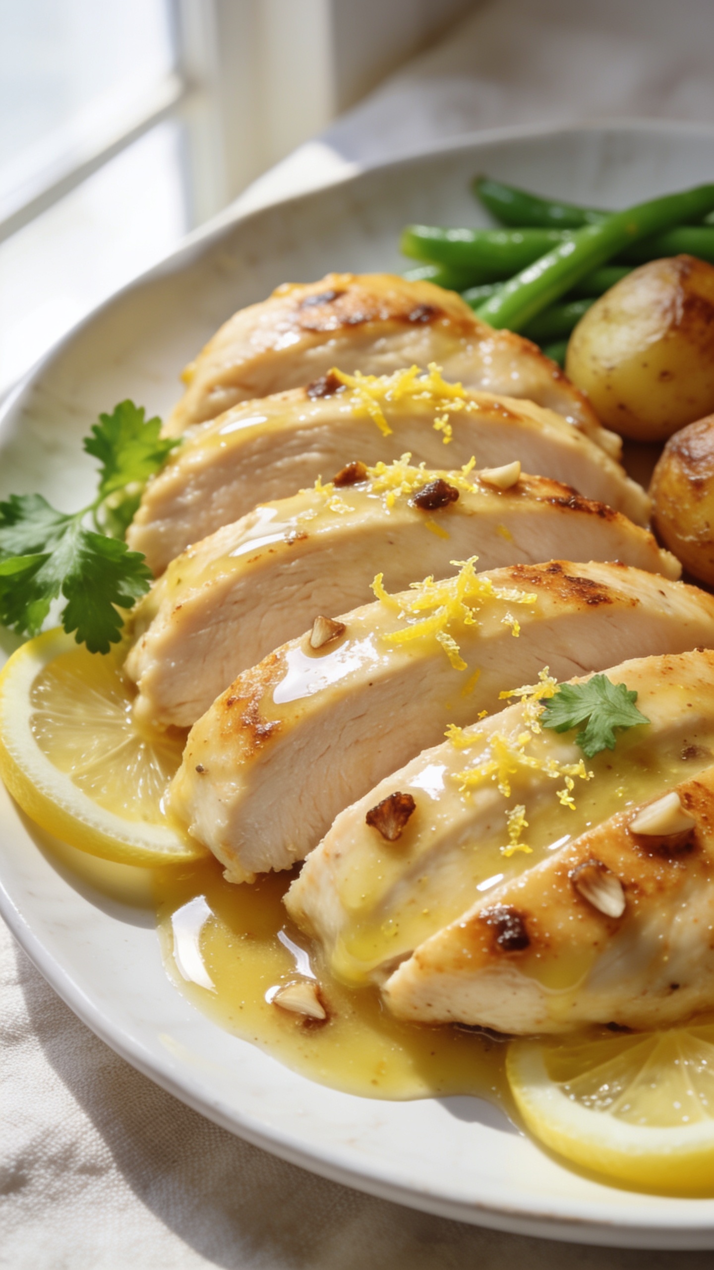 Ultra-close hero shot of lemon garlic chicken breasts sliced and fanned on a white ceramic plate, glistening with a glossy lemon-garlic butter pan sauce. Golden seared edges, juicy interior, tiny browned garlic bits, and finely grated lemon zest scattered on top. Garnish with fresh parsley leaves and thin lemon rounds tucked beside the slices; a small puddle of sauce pooling at the base. Serve with a few roasted baby potatoes and bright green haricots verts peeking in the background for color harmony. Bright natural window light from the left, shallow depth of field, creamy bokeh, food filling 90–95% of frame. Warm, clean styling on a light linen with subtle shadows, premium food-blog aesthetic.