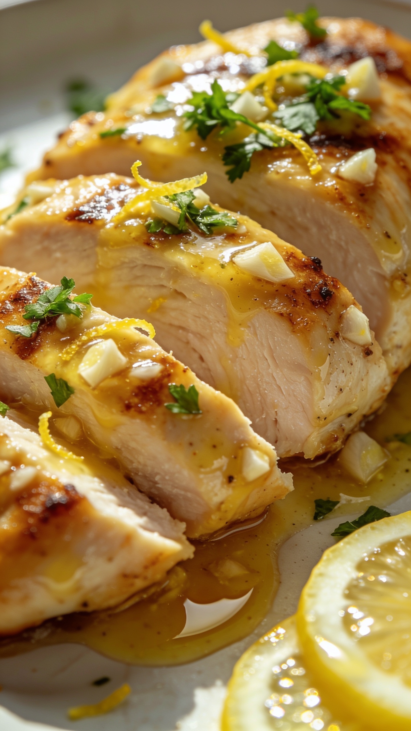 Extreme close-up from a 45-degree angle of the same plated lemon garlic chicken breasts: tight focus on the cut face of a sliced piece showing ultra-juicy texture, golden sear, and shining lemon-garlic butter glaze dotted with minced garlic. Freshly chopped parsley is sprinkled over the top, with delicate flecks of lemon zest catching highlights. Thin lemon rounds shimmer at the edge of the frame; a small pool of sauce gathers beneath the slices. Bright natural side light, shallow depth of field, rich contrast, food filling 90–95% of frame, cohesive styling to match images 1 and