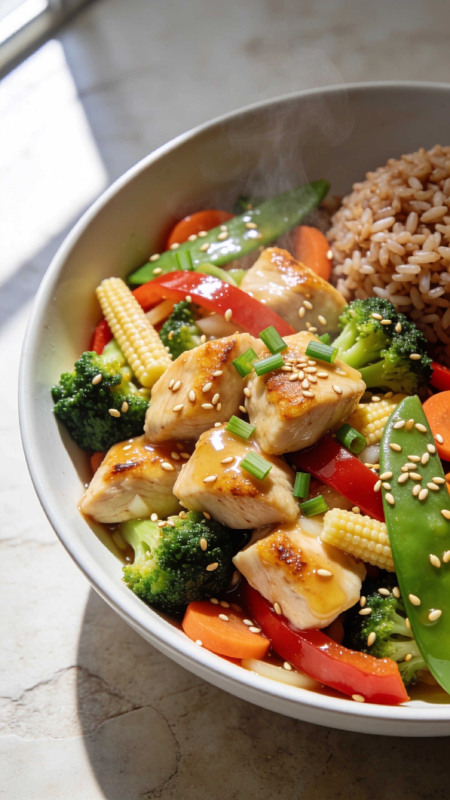 Ultra-close hero shot of Healthy Chicken Stir Fry in a shallow white ceramic bowl, filling 90â95% of the frame: glossy bite-size chicken breast pieces seared golden at the edges, vibrant crisp-tender broccoli florets, red bell pepper strips, snap peas, thin carrot coins, and baby corn, all coated in a light, shiny garlic-ginger soy sauce with a hint of sesame sheen. Scattered toasted sesame seeds and finely sliced green onions on top. A small mound of fluffy steamed brown rice peeks at the edge of the bowl, mostly obscured by the stir fry. Bright natural window light from the left, gentle shadows to the right, shallow depth of field with focus on the center chicken and veggies, steam faintly rising, premium food-blog styling on a neutral light stone surface.