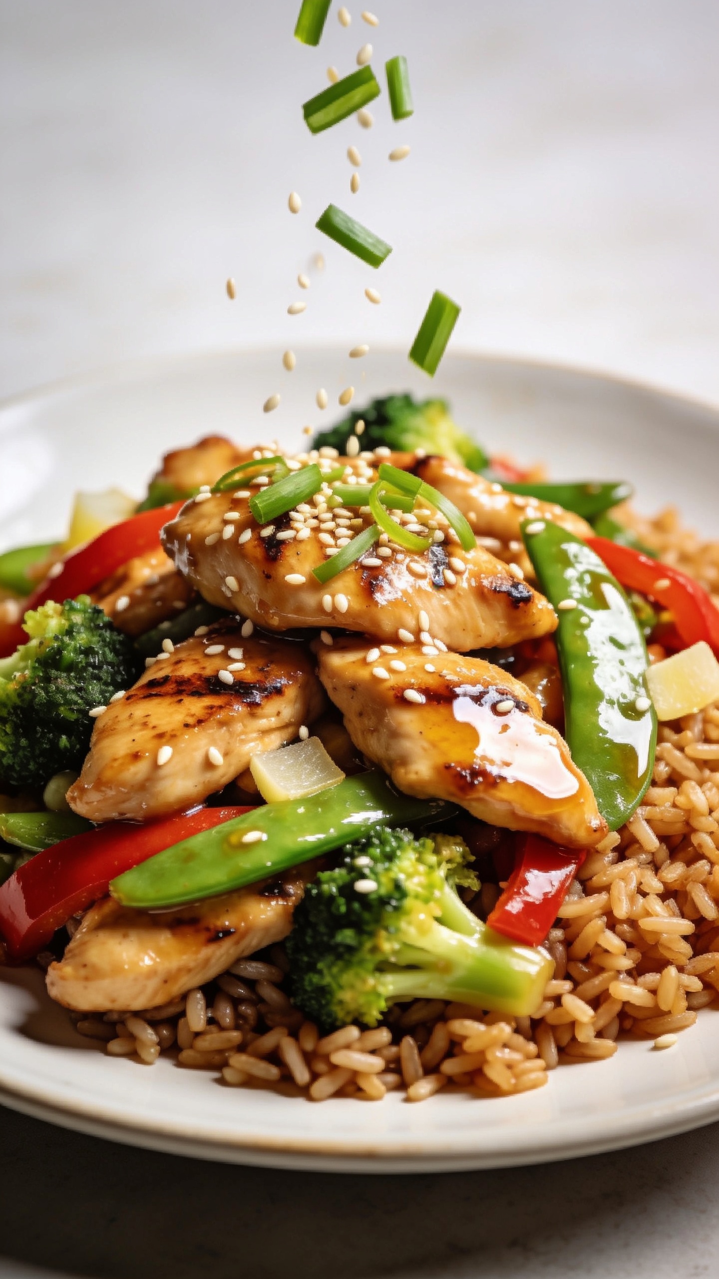 Extreme close-up angled overhead of the same finished stir fry plated over a partial bed of steamed brown rice: glossy chicken and vegetables piled high, sesame seeds and thinly sliced green onions freshly falling from above, captured mid-sprinkle. Focus on saucy chicken with crisp sear marks and the sheen on broccoli and snap peas; red pepper provides pop of color. Light reflections emphasize the gloss of the lighter soy-garlic sauce with a hint of ginger. Bright natural lighting, shallow depth of field with bokeh on the falling garnish, neutral background, food filling 90â95% of the frame to emphasize juicy textures and vibrant freshness.