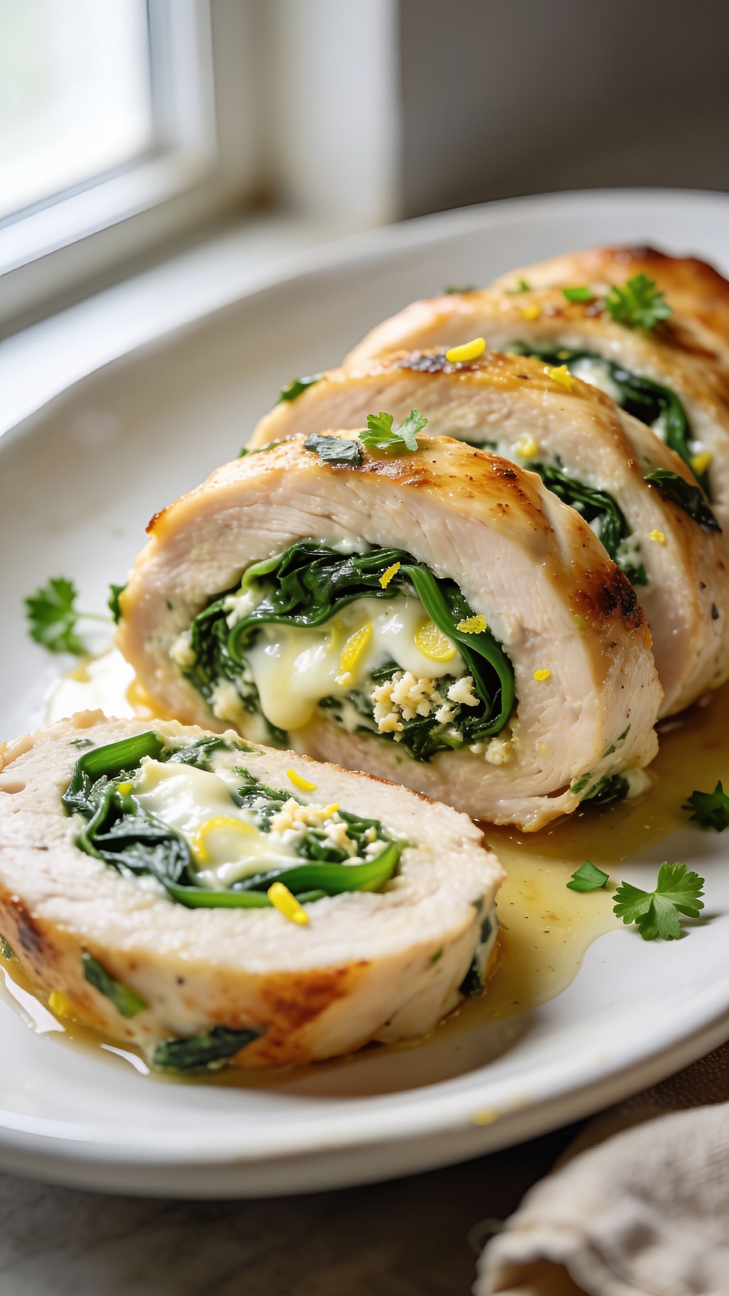 Extreme close-up hero shot of spinach stuffed chicken breast sliced on a white ceramic plate, juicy chicken rolled around a creamy spinach-garlic-cheese filling with a hint of melted mozzarella and parmesan visible, bright green spinach ribbons and tiny lemon zest flecks peeking out, light golden seared edges with slight crisp, glossy pan juices pooled around the slices, a few micro-chopped fresh parsley leaves scattered, shallow depth of field with the front slice in razor-sharp focus, natural window light from the left, soft shadows, minimal props (only a blurred linen napkin edge and a neutral background), food filling 90â95% of frame, vibrant colors and rich textures.