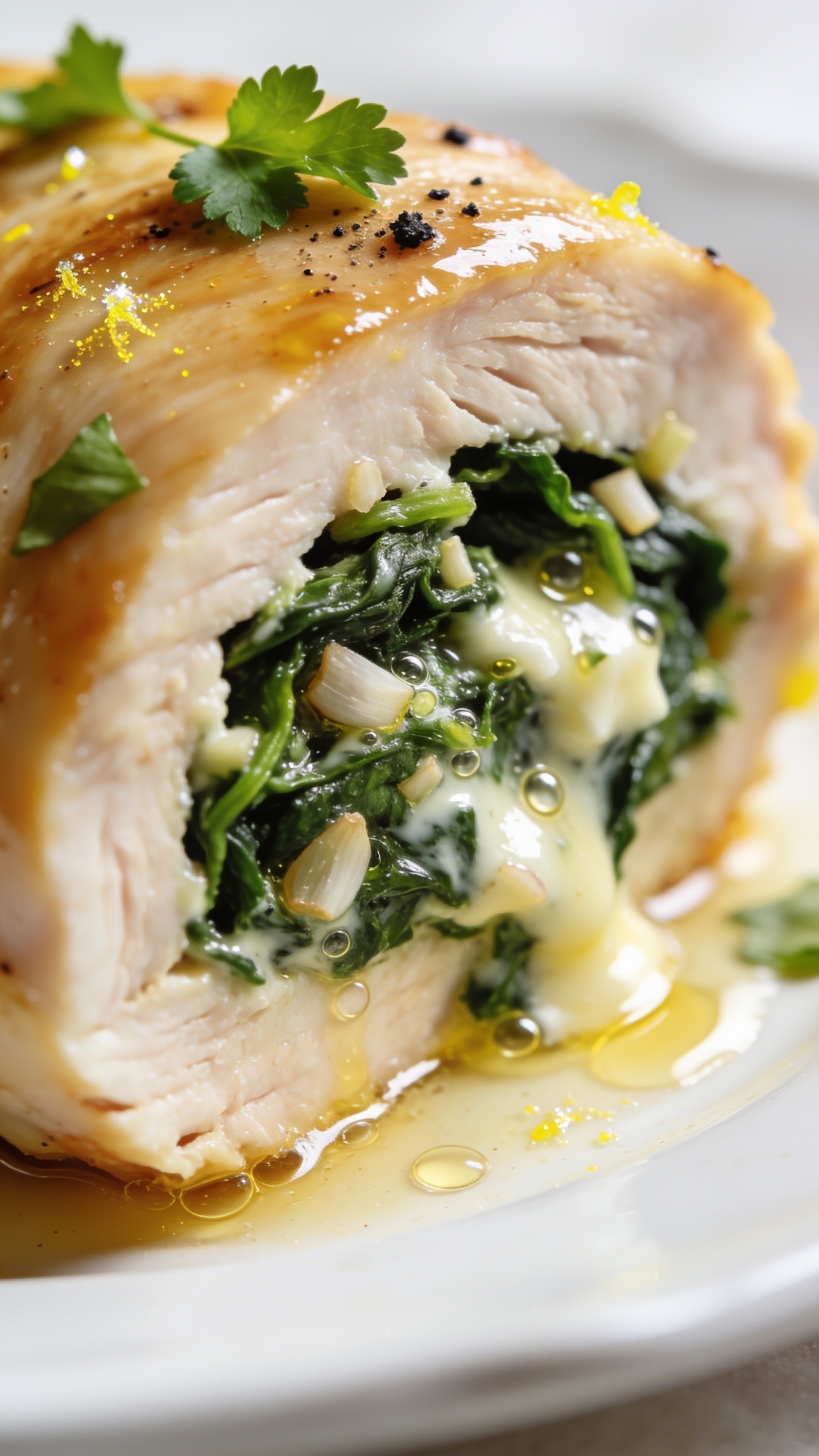 Ultra close-up angled shot focusing on the cut face of a single thick slice of spinach stuffed chicken breast, showcasing juicy fibers, glossy golden exterior, and abundant creamy spinach filling studded with minced garlic and melted cheese, micro-beads of buttery juices on the surface, a few fresh parsley leaves and a whisper of black pepper on top, faint lemon zest sparkle, white plate edge barely visible and blurred, bright natural lighting with gentle highlights, shallow depth of field, food occupying 90â95% of frame, cohesive styling matching the hero image.