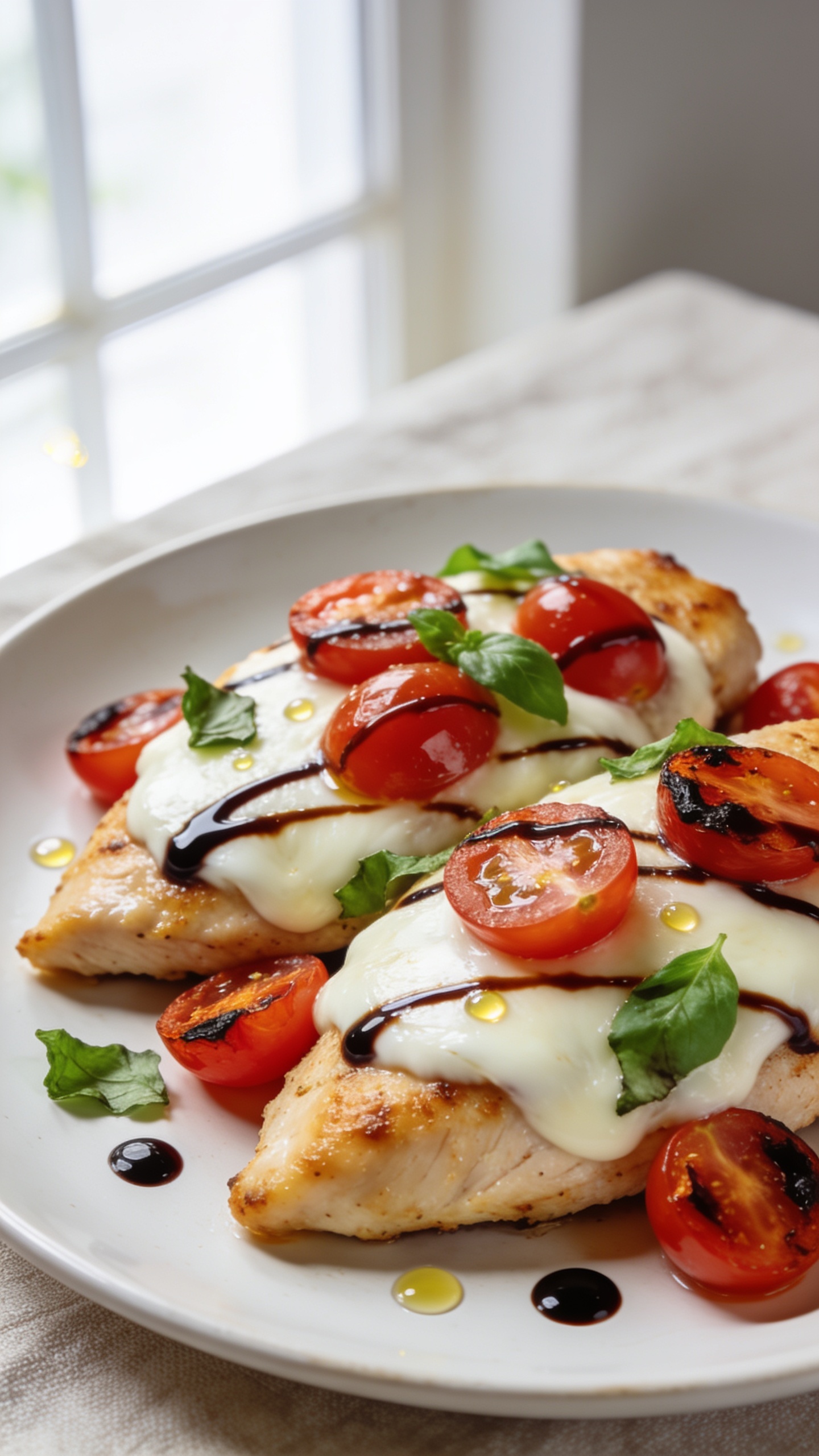 Ultra close-up hero shot of Healthy Caprese Chicken: golden, pan-seared boneless skinless chicken breasts topped with fully melted fresh mozzarella, thick juicy slices of ripe cherry and grape tomatoes (some halved, some lightly blistered), and a glossy balsamic reduction drizzled in delicate ribbons over the cheese and chicken. Fresh basil leaves torn and scattered, tiny droplets of olive oil catching light. Served on a simple white ceramic plate with a few balsamic beads pooling, chicken cutlets overlapping slightly. Bright natural window light from the left, shallow depth of field, creamy bokeh, vibrant reds, greens, and milky white cheese. Food fills 90–95% of frame, no text, no hands, premium food-blog styling, clean neutral background with faint linen texture.