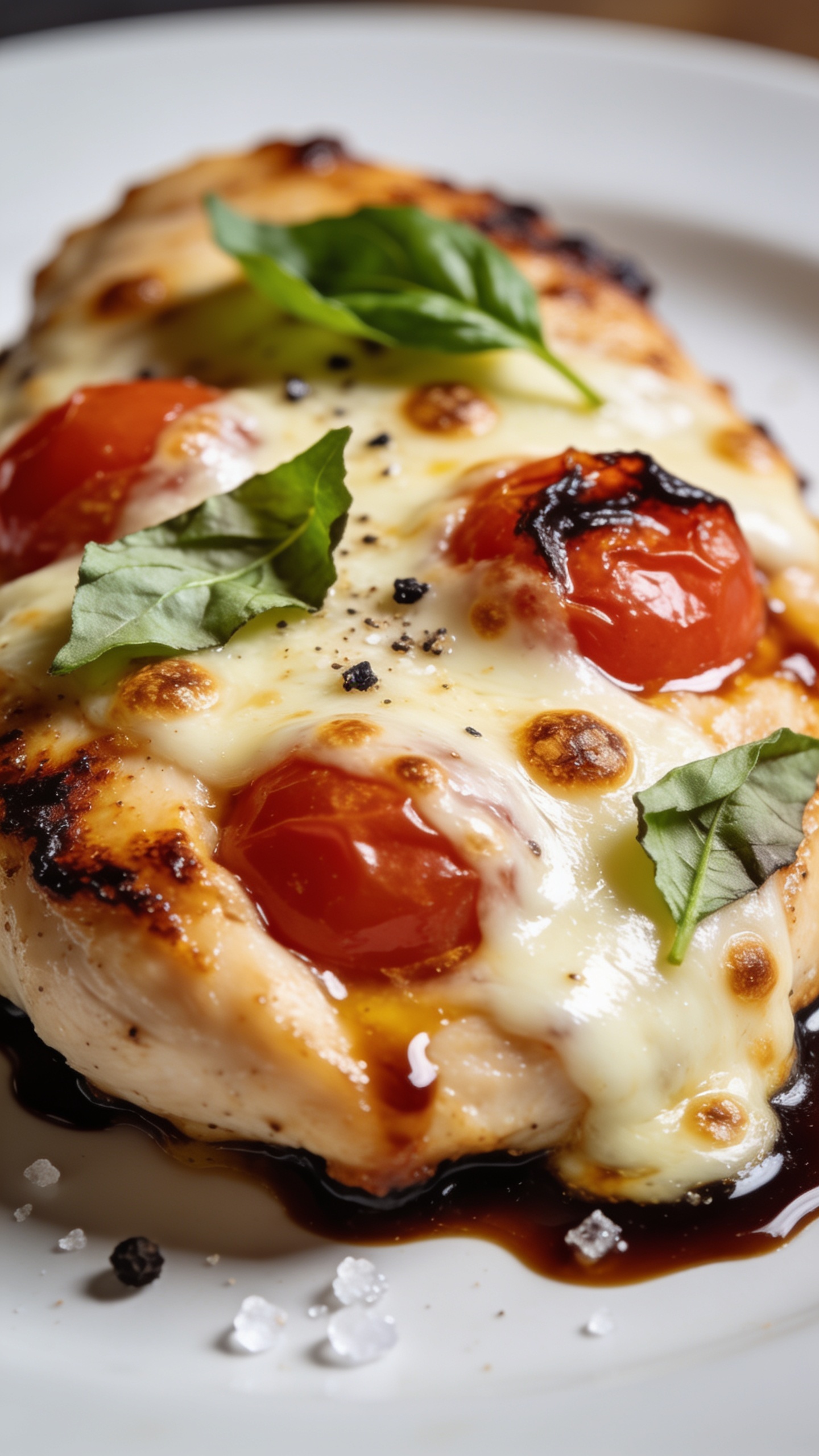 Extreme close-up angle of a single chicken breast showing texture: caramelized edges on the chicken, mozzarella melted to the contours with tiny browned bubbles, tomatoes nestled and slightly blistered releasing juices that mingle with a lacquered balsamic glaze pooling at the edges. Torn basil strewn over top, a few basil veins sharply in focus, coarse black pepper flecks and sea salt crystals visible. Bright natural side light emphasizing gloss and moisture, shallow depth of field with foreground cheese and tomato in tack-sharp focus, background smoothly blurred. Food fills 90–95% of frame, cohesive with the other images, minimal white plate rim just peeking.