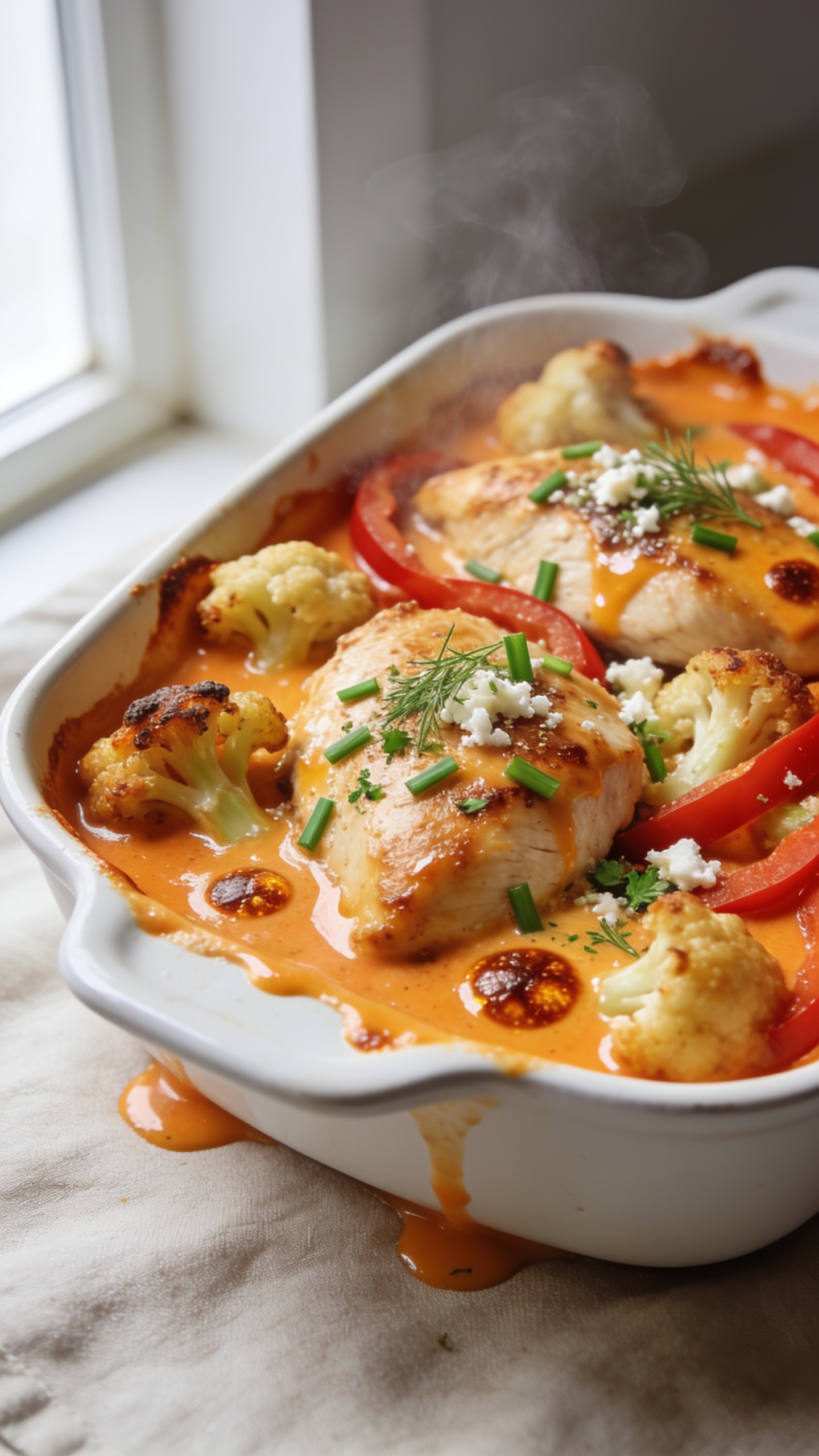 Ultra-close hero shot of a Healthy Buffalo Ranch Chicken Bake just out of the oven: golden-browned chicken breast pieces nestled with roasted cauliflower and thin-sliced red bell pepper in a white enamel baking dish, everything coated in a glossy orange buffalo-ranch sauce with caramelized edges and tiny browned cheese bubbles, garnished with finely chopped fresh chives and a light sprinkle of crumbled feta for tang; a few visible flecks of dill and parsley to cue ranch herbs; sauce pooling lightly in the corners; bright natural window light from the left, shallow depth of field, crisp textures, steam subtly rising, 90–95% of the frame filled with the saucy, crispy-tipped bake, premium food-blog styling on a neutral linen.