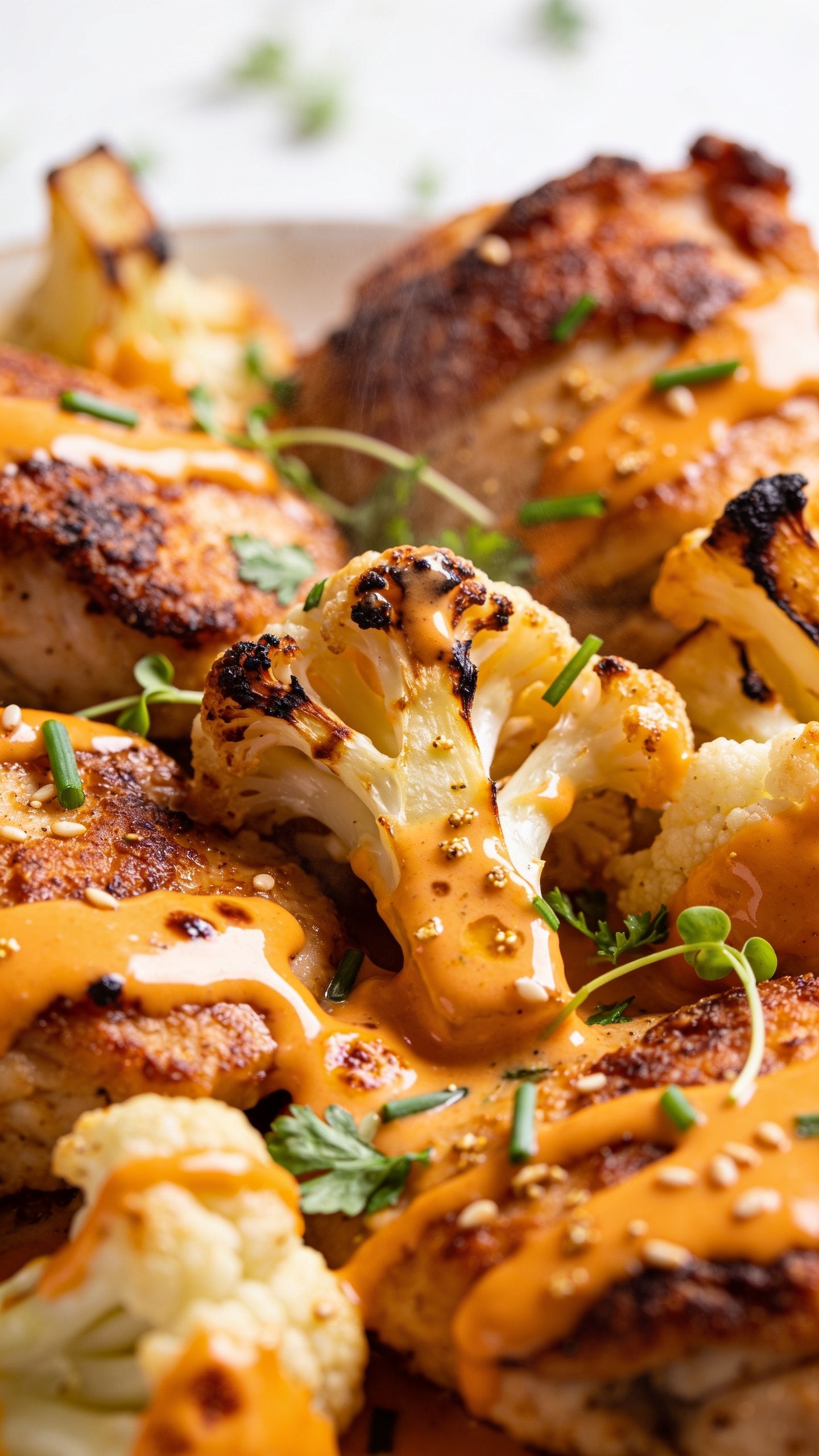 Macro angle from the opposite side of the dish: tight, low, raking close-up across the surface of the same bake, focusing on crispy, browned edges of chicken, roasted cauliflower with char-kissed tips, and glossy orange buffalo-ranch sauce clinging to every nook; light scatter of fresh chives and micro parsley, a few sesame-like flecks of ranch seasoning visible; tiny cheese blisters glistening; subtle steam rising; bright natural side light, creamy bokeh background, 90–95% food in frame, rich color contrast of orange sauce, pale cauliflower, and vibrant greens, cohesive with the hero image.