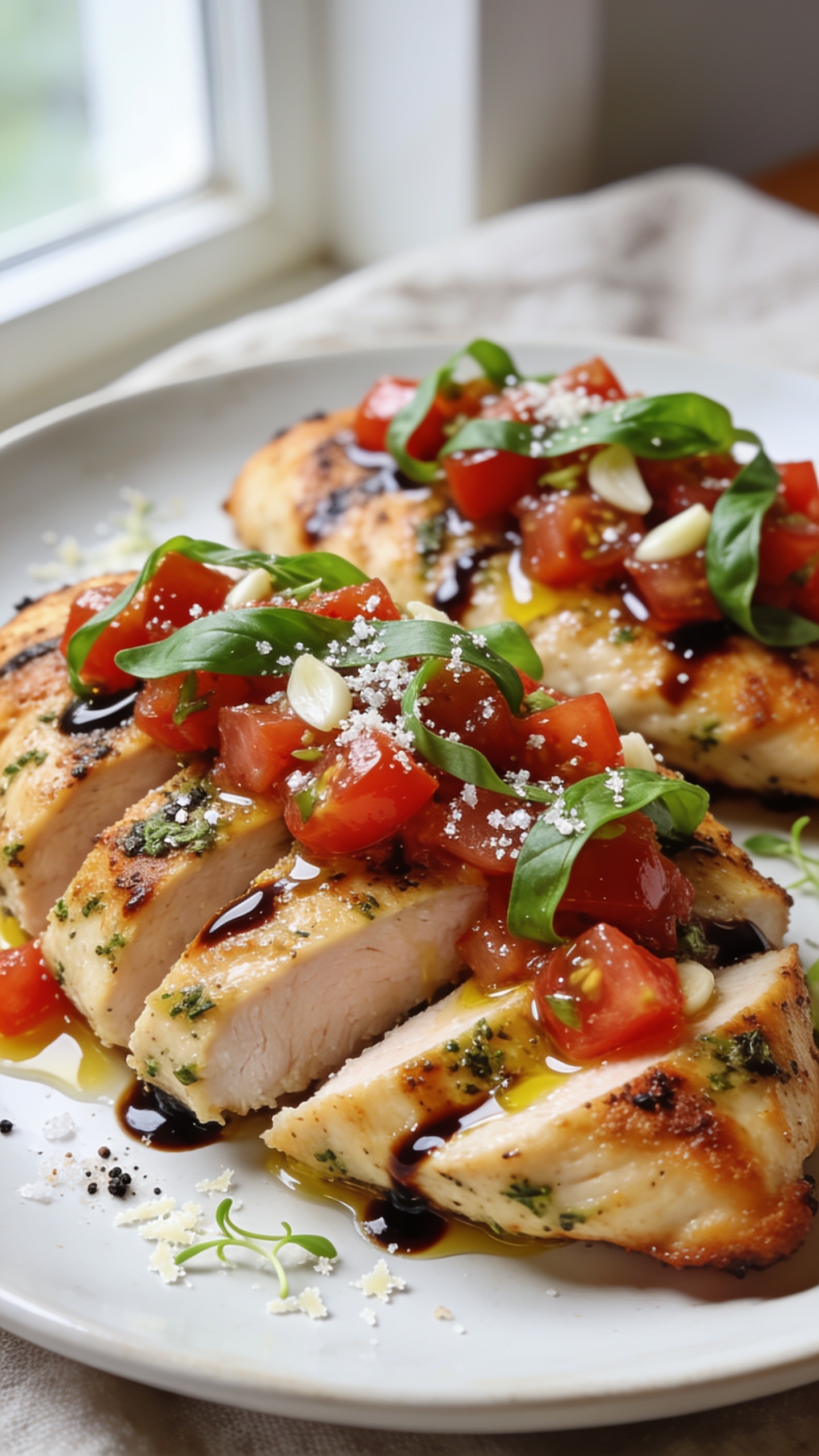 Ultra-close hero shot of Healthy Bruschetta Chicken: pan-seared, herb-crusted chicken breasts sliced to reveal juicy interior, topped with a glossy, chunky bruschetta of ripe cherry tomatoes, minced garlic, extra-virgin olive oil, balsamic glaze sheen, and lots of fresh basil ribbons; a light sprinkle of flaky sea salt and cracked black pepper; served on a white shallow plate with any optional parmesan micro-grated lightly over top; bright natural window light, shallow depth of field, background softly blurred with neutral linen; vibrant reds and greens popping against the golden-brown chicken; food fills 90–95% of frame, premium food-blog styling, no text.