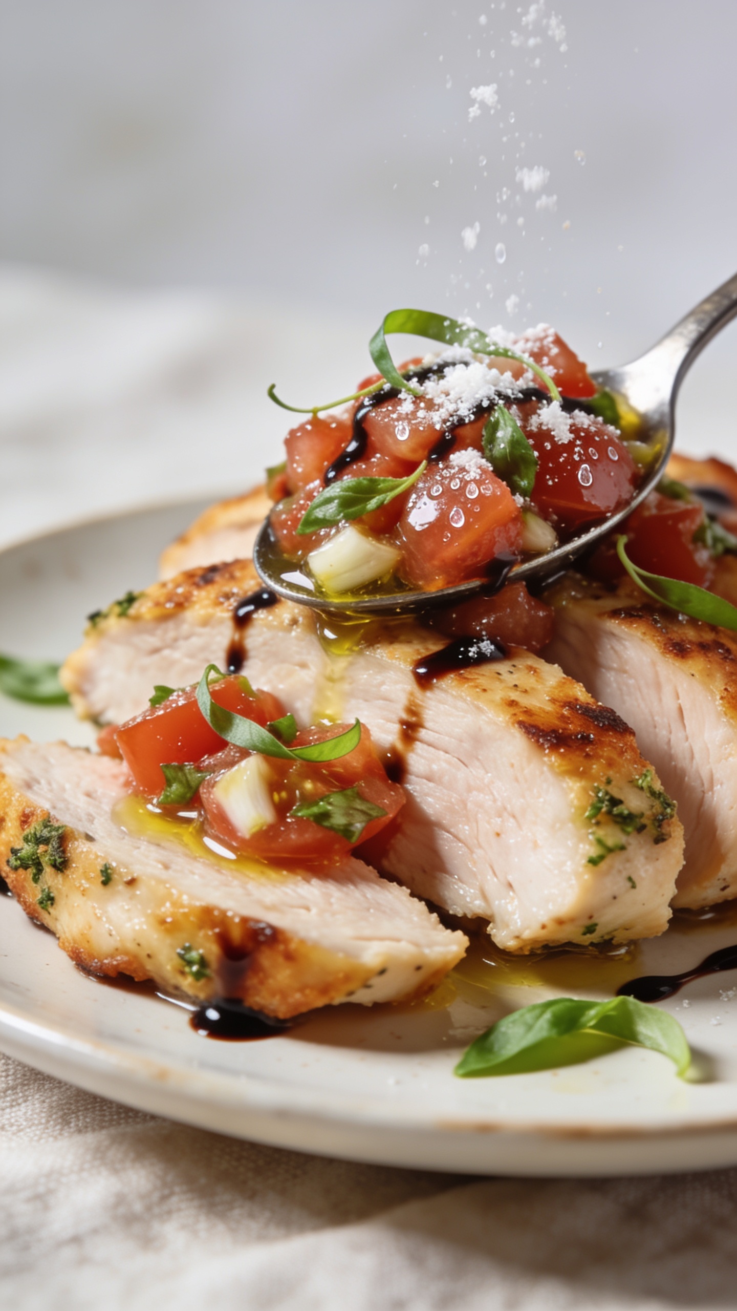 Macro angled close-up of the same plated Healthy Bruschetta Chicken from a lower three-quarter angle: crispy golden sear on the chicken edges, visible herb crust, thick juicy slices fanned slightly; heaping spoonfuls of tomato-garlic-basil bruschetta glistening with olive oil, micro-drizzle of balsamic reduction across the top, a few basil ribbons freshly scattered; optional fine snow of parmesan catching light; bright natural lighting, shallow depth of field, soft neutral backdrop and linen, condensation-like sheen on tomatoes; food fills 90–95% of frame, cohesive with the hero image, no text.