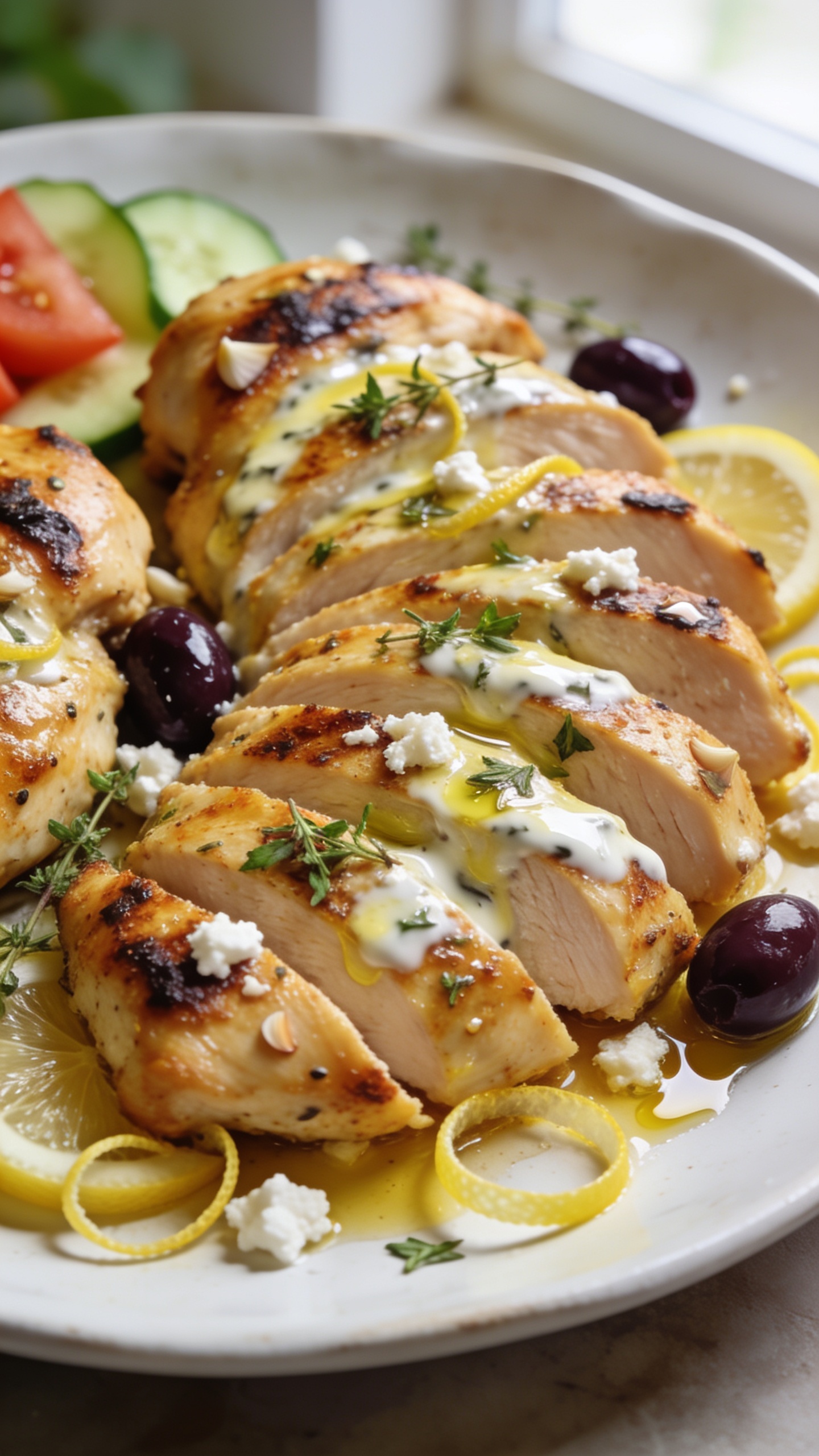 Ultra-close hero shot of Greek Lemon Herb Chicken: juicy, golden-browned chicken thighs sliced and fanned on a white ceramic plate, glistening with lemony olive oil and yogurt marinade, charred edges, visible specks of garlic, fresh oregano and thyme leaves scattered, thin lemon slices and zest curls tucked around, a few glossy Kalamata olives and crumbled feta sprinkled over, tiny drizzle of pan juices pooling, side of simple cucumber-tomato wedges softly blurred in background, bright natural window light, shallow depth of field, 90â95% frame filled with the chicken.