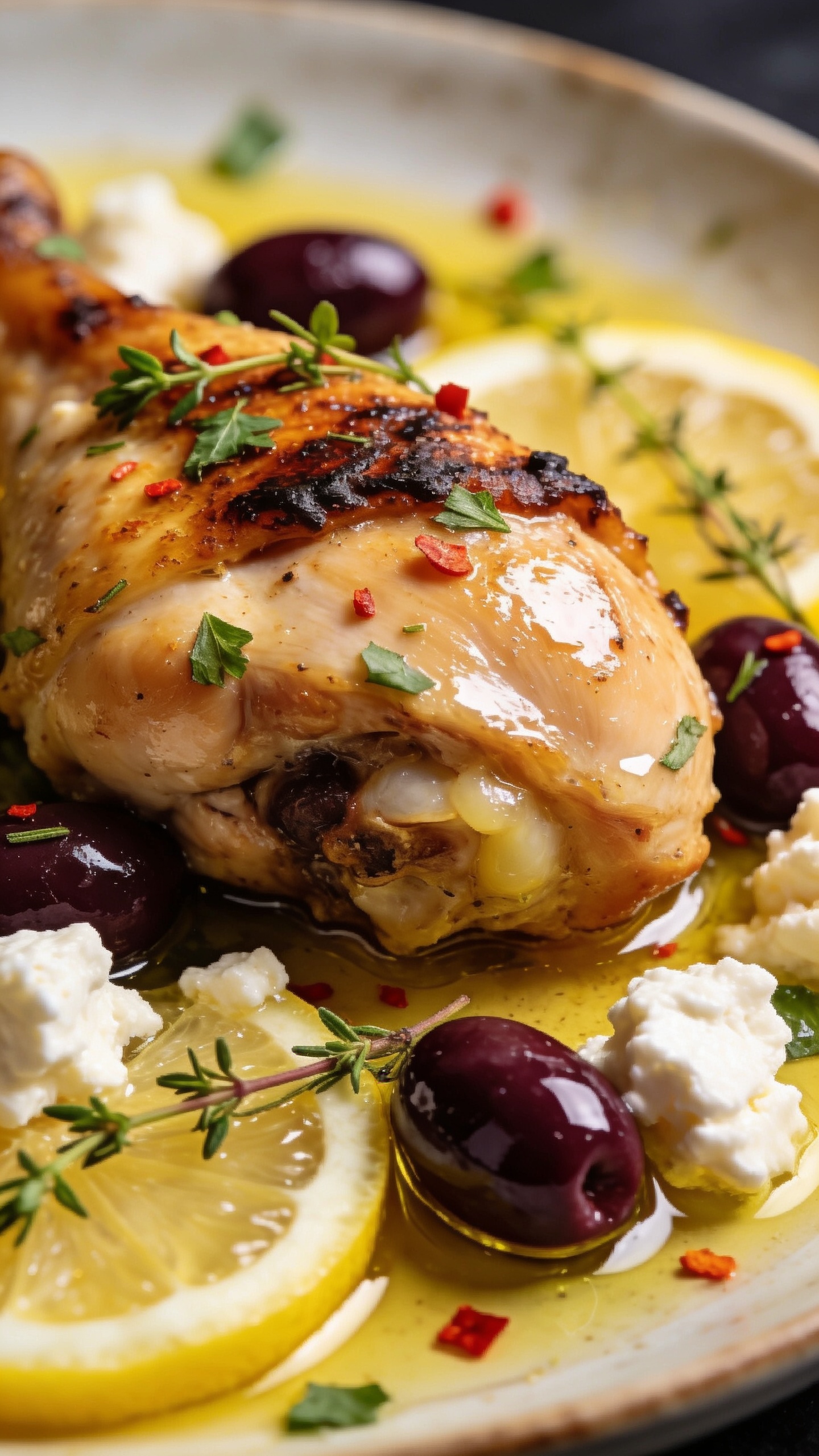 Macro close-up from a slightly angled side view: focus on one chicken thigh with deeply seared, crispy edges and juicy interior, shiny lemony pan juices brushed over, scattered fresh oregano leaves, thyme sprigs, and red pepper flakes, crumbled feta nestled beside glossy Kalamata olives, thin half-moons of lemon tucked in, a faint sheen of olive oil catching the light, background softly blurred plate rim, bright natural lighting, shallow depth of field, 90â95% frame dominated by the chicken.