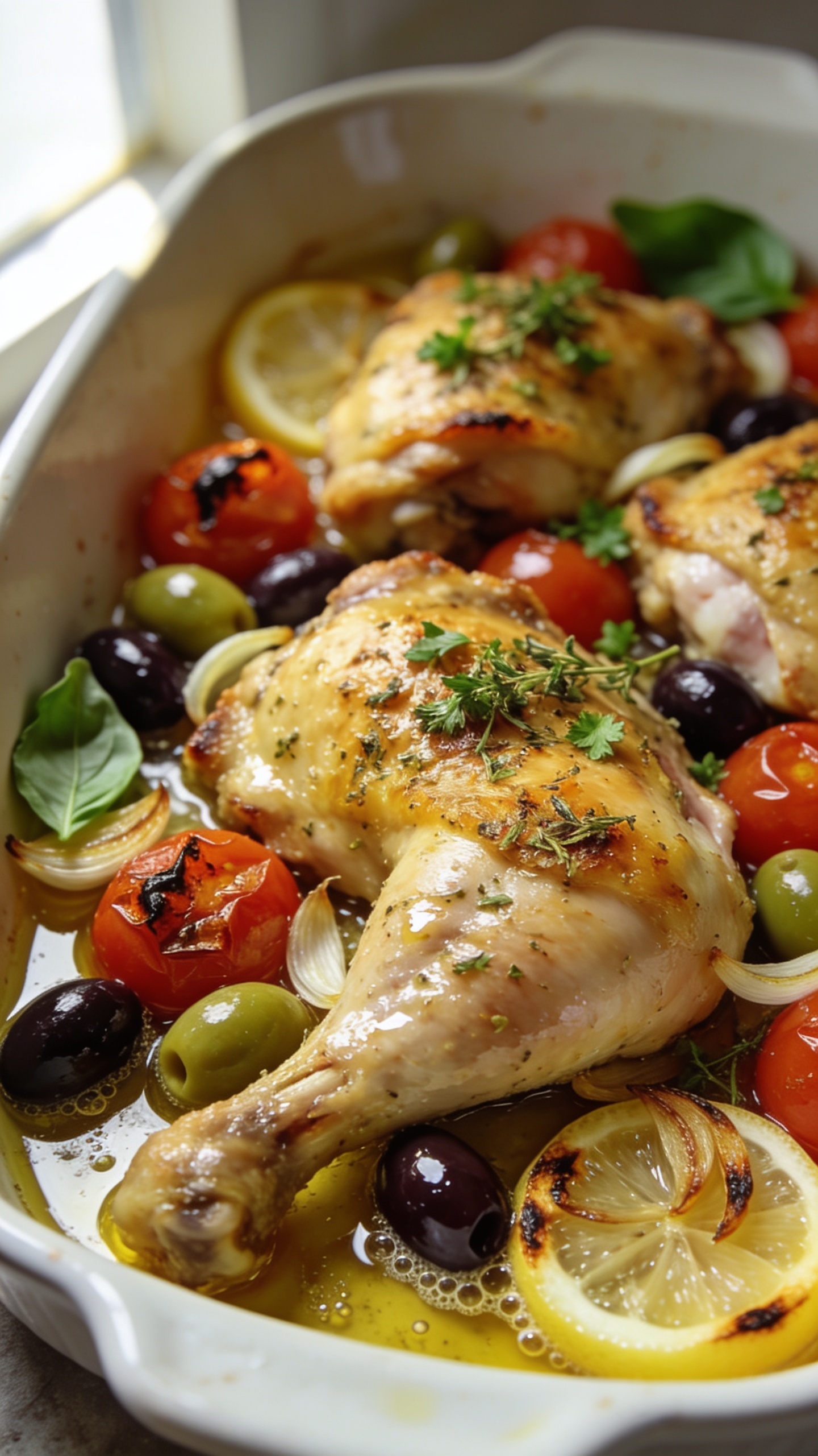 Ultra-close hero shot of Mediterranean Baked Chicken: golden, herb-rubbed bone-in chicken thighs nestled in a shallow white enamel baking dish, surrounded by burst cherry tomatoes, glossy kalamata and green olives, thin caramelized garlic slices, and lemon rounds slightly blistered at the edges. Fresh parsley and oregano sprinkled over, a few torn basil leaves tucked in. Visible pan juices pooling with olive oil sheen and tiny bubbles, light char on tomato skins, crisped chicken edges with rendered fat. Bright natural window light from the left, soft shadows, shallow depth of field focusing on the front thigh and glistening olives; background softly blurred. No text, no hands, food filling 90â95% of frame, premium food blog styling.