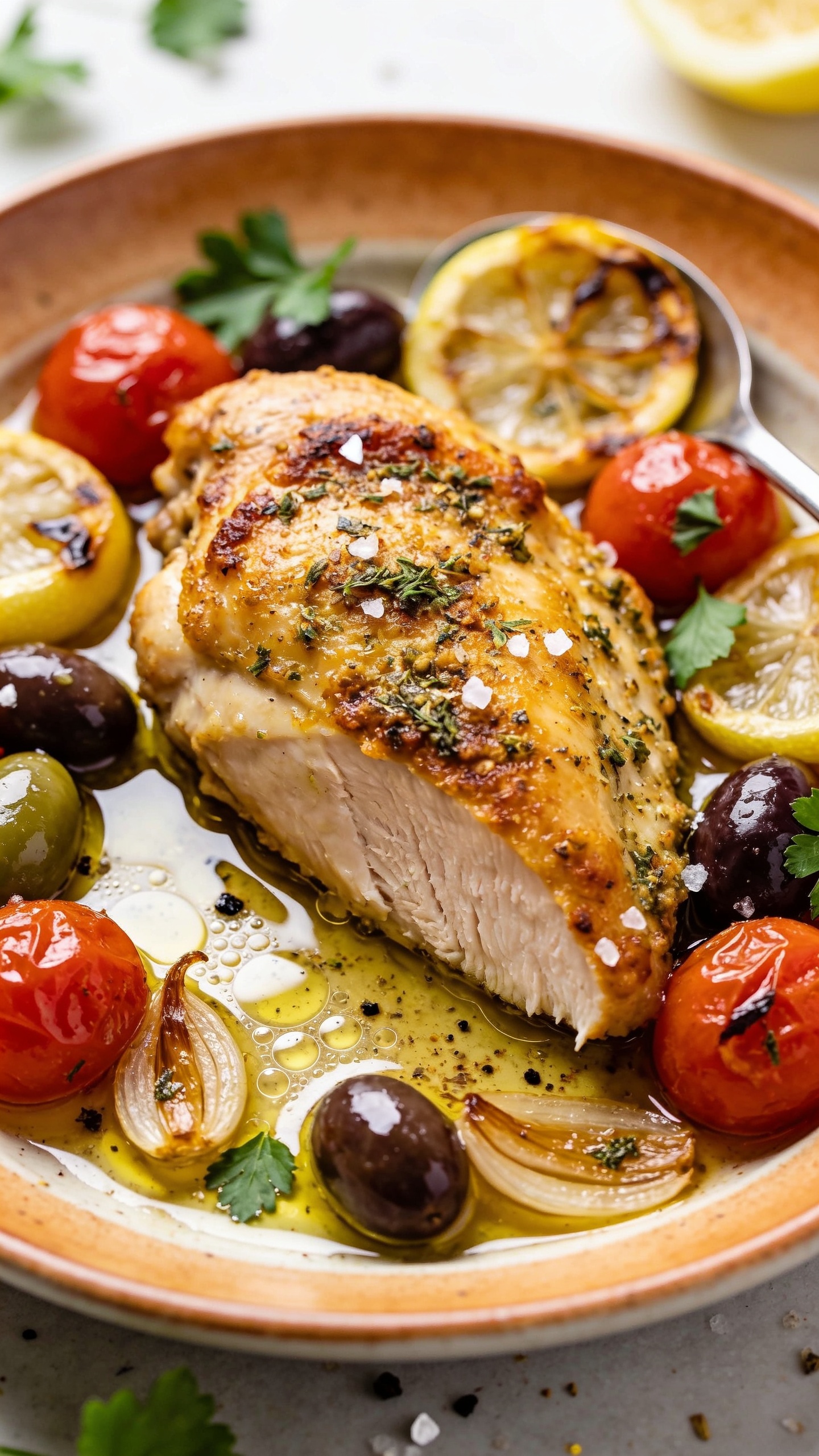 Tight overhead three-quarter close-up of the same finished recipe plated: one golden, herb-crusted chicken thigh on a warm ceramic plate rim, ringed by roasted cherry tomatoes, glossy olives, blistered lemon slices, and thin caramelized garlic. Spooned pan sauce pooling around the thigh with olive oil glints, micro-bubbles, and specks of black pepper and dried oregano. Fresh parsley leaves scattered, a few coarse sea salt crystals catching light. Crispy edges and juicy fibers highlighted, shallow depth of field with the front edge of the thigh razor sharp and background softly blurred. Bright natural daylight, food filling 90â95% of frame, cohesive with the hero image.