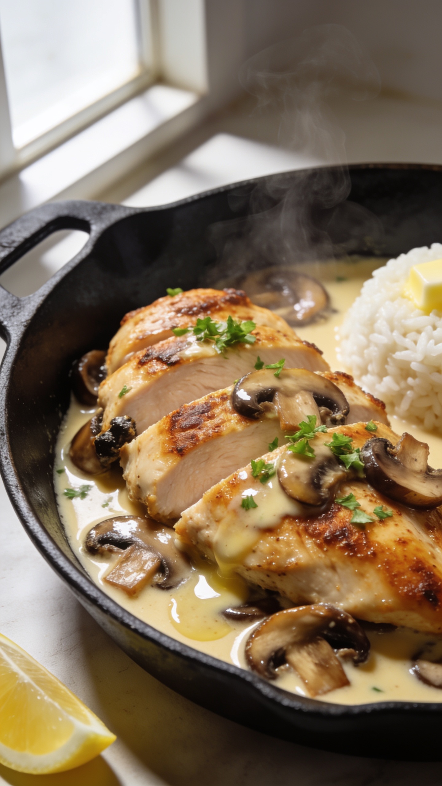 Ultra-close hero shot of Garlic Mushroom Chicken Skillet in a black cast-iron pan, 90â95% of frame filled with golden seared chicken thighs sliced into thick pieces, glossy caramelized cremini mushrooms, and a silky garlic-butter pan sauce pooling and clinging to the chicken; garnished with finely chopped fresh parsley and a few thin lemon wedges off to the side for brightness; visible steam rising gently; bright natural window light from the left, soft shadows on the right; shallow depth of field with crisp focus on the chickenâs browned crust and mushroom edges; serve-over option hinted by a small mound of buttery white rice barely peeking at the edge of the pan; premium food-blog styling, no text, no hands, no utensils.