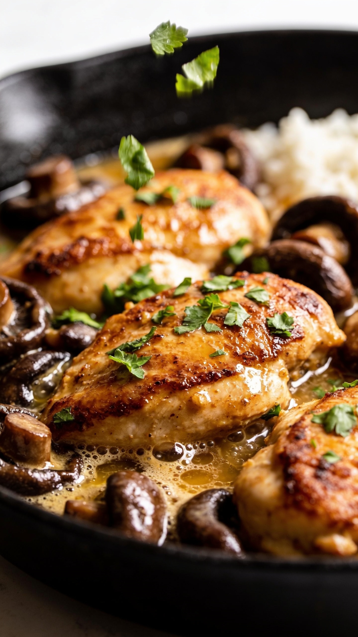 Extreme close-up from a low 3/4 angle focusing on textures: browned chicken pieces nestled among deeply caramelized mushrooms, glistening in a reduced garlic-butter and chicken-stock pan sauce with micro-bubbles of fat; fresh parsley sprinkled over the top mid-fall, a few leaves frozen in the air; subtle sheen highlighting crispy edges on chicken; a faint suggestion of rice at the rim for serving context; bright natural side light, shallow depth of field with the front chicken piece razor sharp; rich tones and vibrant greens; 90â95% of frame filled with the dish, no utensils, no hands.