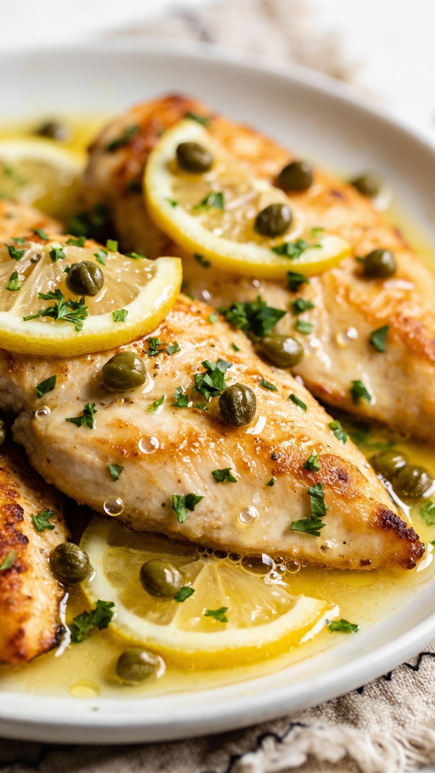 Ultra-close hero shot of healthy chicken piccata: golden pan-seared chicken cutlets nestled on a shallow white plate, glossed with a light, silky lemon-butter-olive oil pan sauce; scattered briny capers, thin lemon slices, and a shower of finely chopped fresh parsley; a few micro-bubbles of sauce clinging to the chicken, edges lightly crisp, interior juicy; bright natural side light, shallow depth of field, background softly blurred with a hint of rustic linen; 90â95% of frame filled with the plated chicken and sauce, vibrant yellows and greens popping, premium food-blog styling, no text.