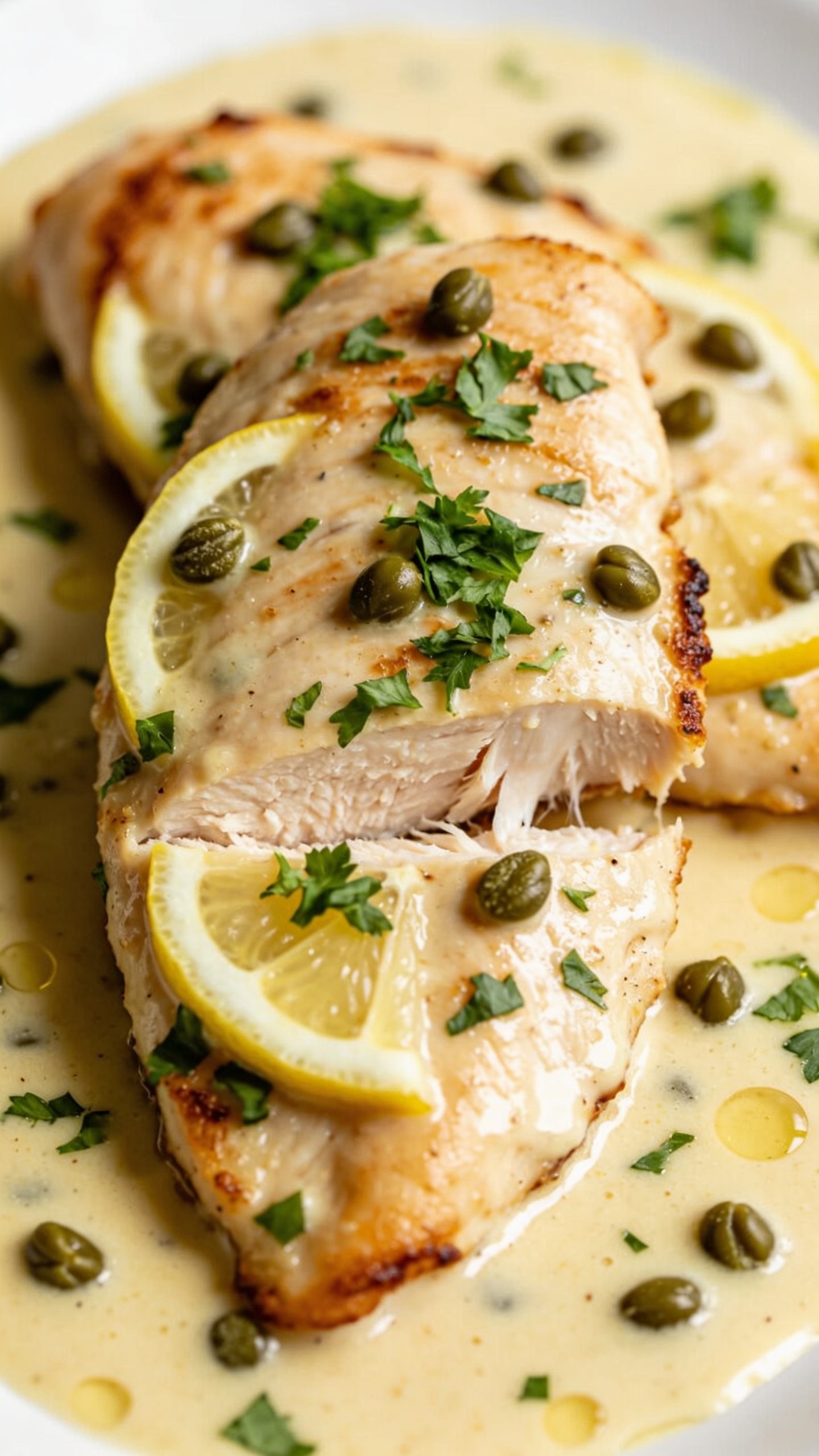 3. Tight macro angle from slightly overhead: two overlapping chicken cutlets bathed in the light, velvety lemon-caper pan sauce, tiny pools of sauce catching the light; thin half-moons of lemon tucked along the edges, capers dotted across the surface, fresh parsley sprinkled just before the shot; visible crisp edges on the cutlets with moist, tender interior fibers peeking through a sliced edge; bright natural light, shallow depth of field isolating the front cutlet, 90â95% of frame filled with food, cohesive color palette and plating matching images 1â