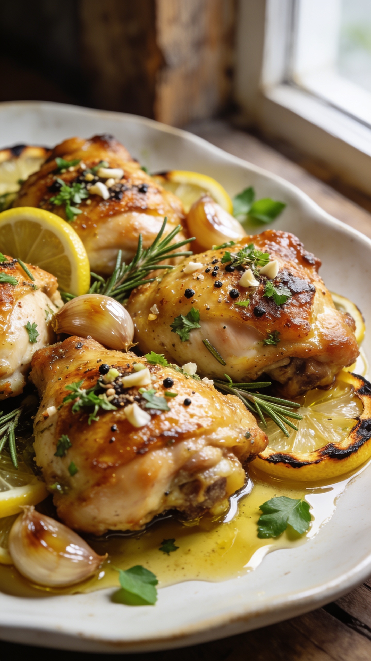 Ultra close-up hero shot of Italian Herb Baked Chicken thighs, golden-brown with shatter-crisp skin and juicy interiors, glistening with olive oil and pan juices; flecks of minced garlic, cracked black pepper, and a rustic mix of chopped fresh rosemary, thyme, and parsley cling to the skin; thin lemon slices and charred edges tucked around the chicken with a few glossy roasted garlic cloves; served on a warm white ceramic platter with a light drizzle of pan jus pooling; a few fresh herb leaves scattered for brightness; bright natural window light from the side, shallow depth of field, background softly blurred rustic wood; colors vibrant, textures crisp and glossy; food fills 90â95% of frame, premium food-blog styling.