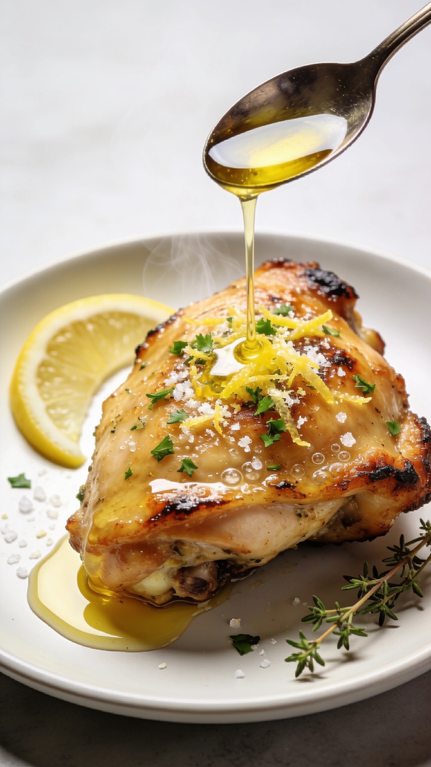 Extreme close-up angled from slightly above a single Italian Herb Baked Chicken thigh on a small white plate: taut blistered skin with crisp edges, micro-bubbles of rendered fat, and visible sea salt crystals; finely grated lemon zest and chopped parsley sprinkled over top; a spoonful of warm olive oilâlemonâgarlic pan jus glossing the surface and pooling at the edge; thin half-moon lemon slice and a sprig of thyme tucked beside; steam subtly rising; bright natural lighting, shallow depth of field, clean neutral background, cohesive with the other shots; food dominates 90â95% of frame with luscious, mouthwatering detail.
