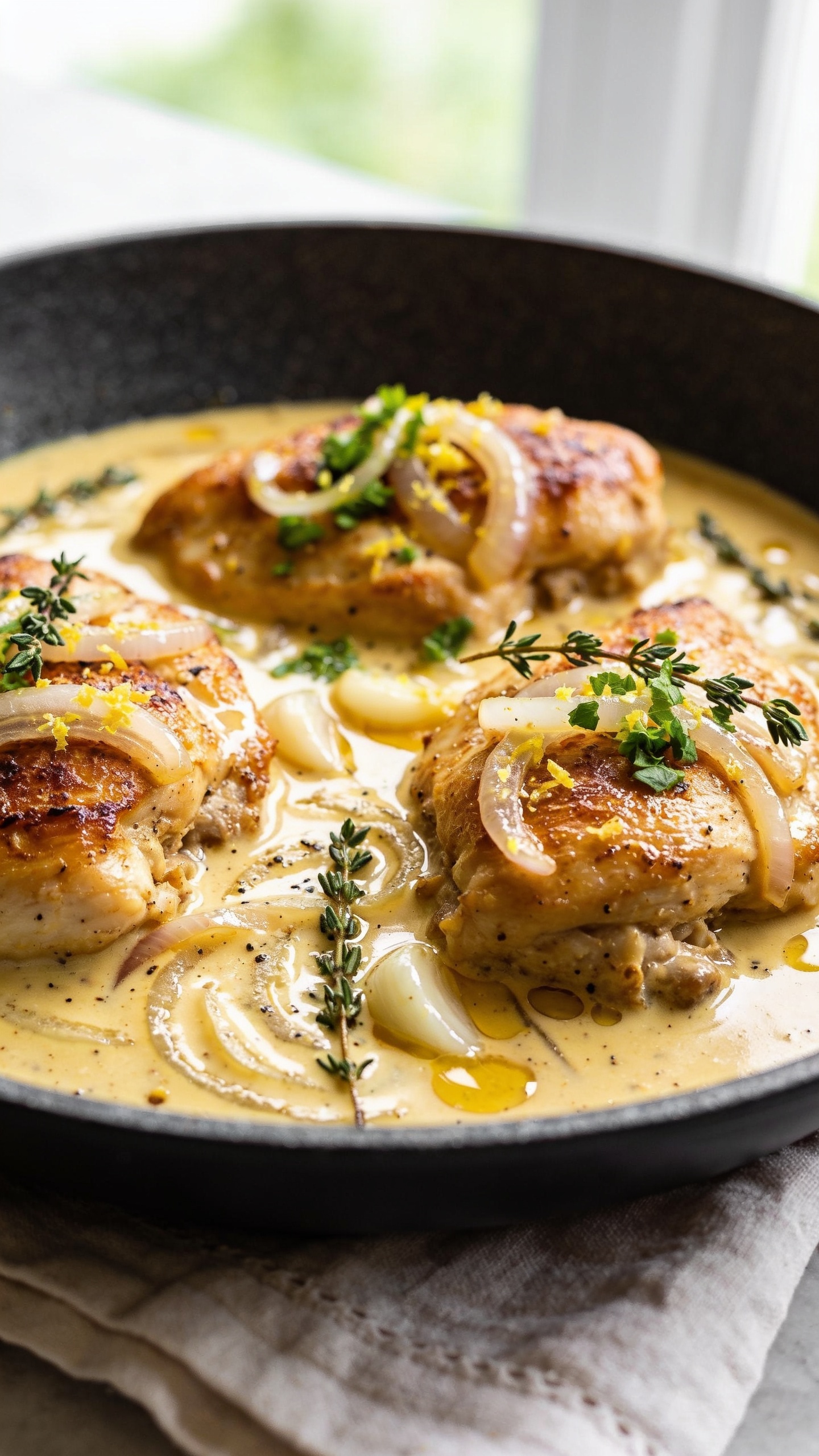 Ultra-close hero shot of Creamy Dijon Chicken: golden-seared boneless chicken thighs nestled in a shallow skillet pool of glossy, pale-gold Dijon cream sauce with visible swirls and specks of black pepper; thinly sliced sautĂŠed shallots and garlic glistening in the sauce; a few bright green sprigs of fresh thyme and a scatter of finely chopped parsley on top; lemon zest micro-specks catching the light; small puddles of rendered chicken juices marbling into the cream; served in a matte charcoal skillet over a light linen, bright natural window light, shallow depth of field, background softly blurred, food filling 90â95% of frame, premium food-blog styling, vibrant colors, irresistible sheen, no text.