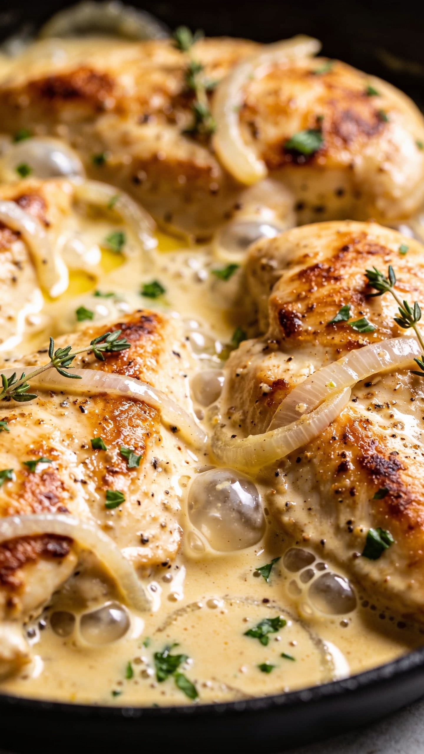 Macro close-up angle from the skilletâs rim: Creamy Dijon Chicken pieces overlapping slightly, crisped edges and browned fond captured under a luscious pale-gold sauce; visible micro-bubbles of cream reduction, streaks of Dijon, translucent ribbons of softened shallot; scattered fresh thyme leaves and a final sprinkle of finely chopped parsley; a soft glint of chicken stock reduction creating glossy highlights; tiny crackles of pepper on the surface; bright natural side light, shallow depth of field with creamy bokeh, food filling 90â95% of frame, cohesive with the hero image, rich textures and mouthwatering shine, no text.