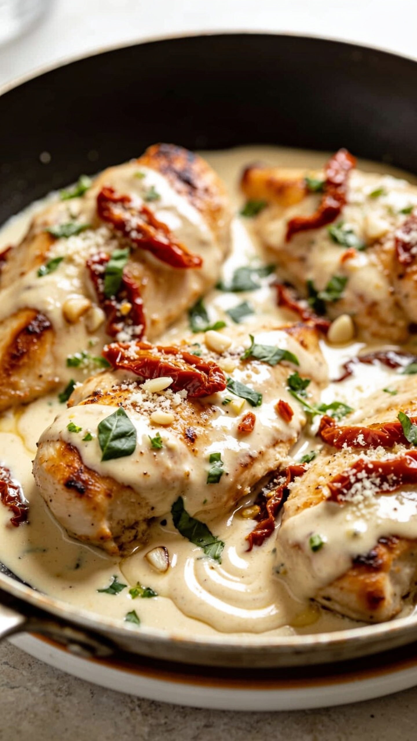 Ultra-close hero shot of Healthy Marry Me Chicken: golden seared chicken breasts nestled in a shallow skillet, smothered in a silky, glossy light cream sauce made with evaporated milk and low-sodium chicken broth; visible ribbons of sun-dried tomatoes, flecks of minced garlic, and a sprinkle of chopped fresh basil and parsley; a modest dusting of grated parmesan melting into the sauce; edges of chicken lightly caramelized; sauce clinging to the meat with gentle, creamy swirls pooling at the base; bright natural window light from the side, shallow depth of field, neutral stone surface, warm white plate lip barely visible; vibrant colors, rich textures, premium food-blog styling; food fills 90â95% of frame.