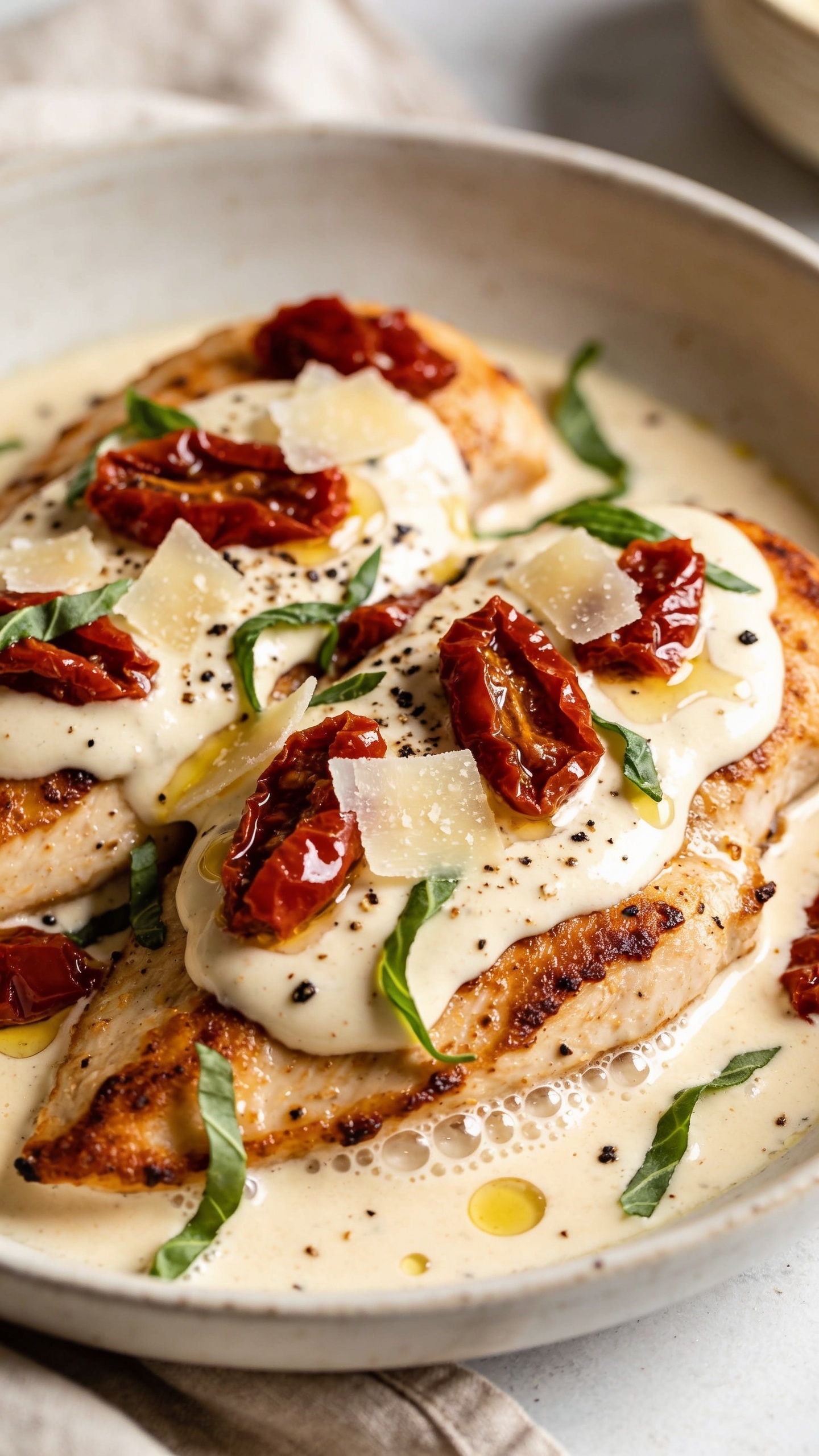 Extreme close-up angle on the same plated Healthy Marry Me Chicken: focus on two overlapping chicken breasts with crisped edges and a luscious, spooned-on layer of the lighter cream sauce; sun-dried tomato bits glistening, cracked black pepper speckles, thin shavings of parmesan barely melting, and fresh basil ribbons scattered; visible micro-bubbles and swirls in the sauce for creamy texture; a few olive oil droplets catching the light; bright natural side lighting, shallow depth of field, soft linen and neutral ceramic barely peeking into the frame; rich, vibrant, irresistible look with food filling 90â95% of the frame.