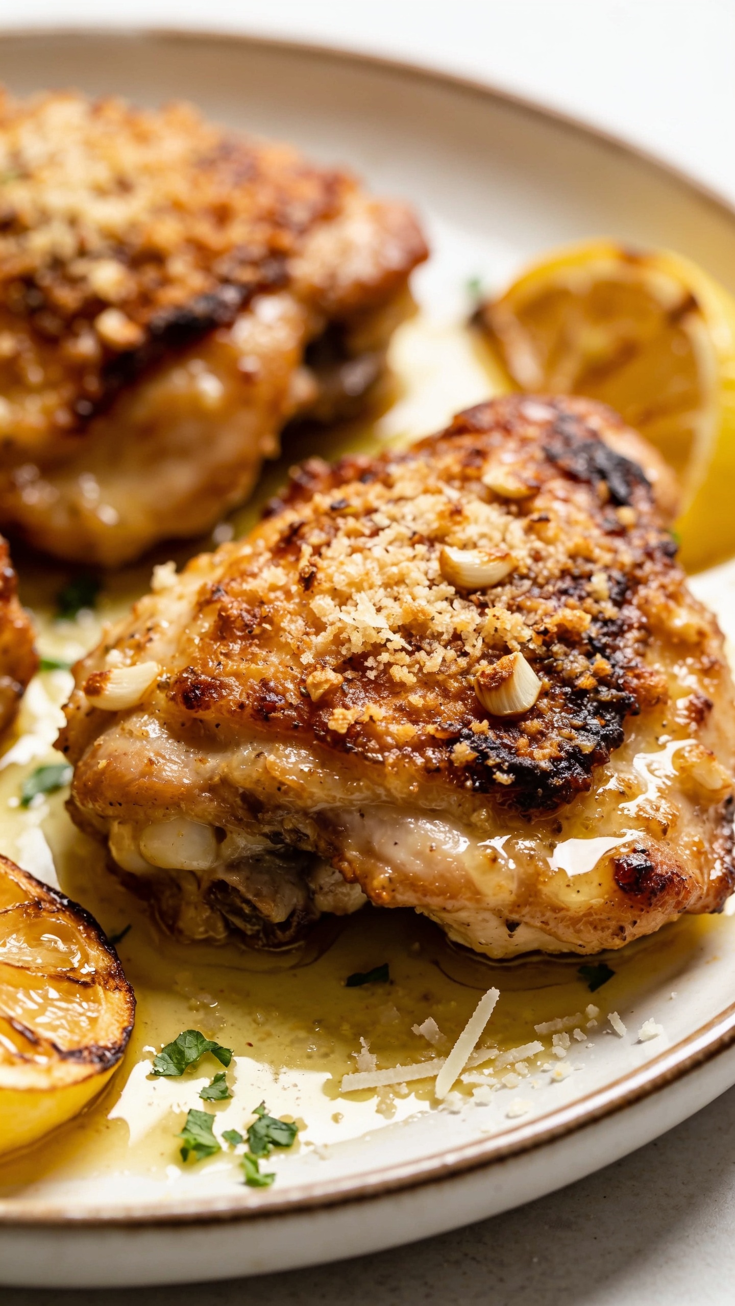 Ultra-close hero shot of finished garlic Parmesan chicken thighs: bone-in, skin-on pieces with deeply golden, crispy, blistered skin, speckled with toasted garlic bits and melted, slightly browned Parmesan crust, glistening with buttery garlic oil. Nestled on a warm white ceramic plate with a glossy rim, minimal sides of roasted lemon wedges and a faint scatter of fresh chopped parsley and microplaned Parmesan. Juicy edges and rendered fat pooling lightly around the thighs for shine. Bright natural side light, shallow depth of field, creamy bokeh, food filling 90â95% of frame, premium food-blog styling, rich textures, no text.