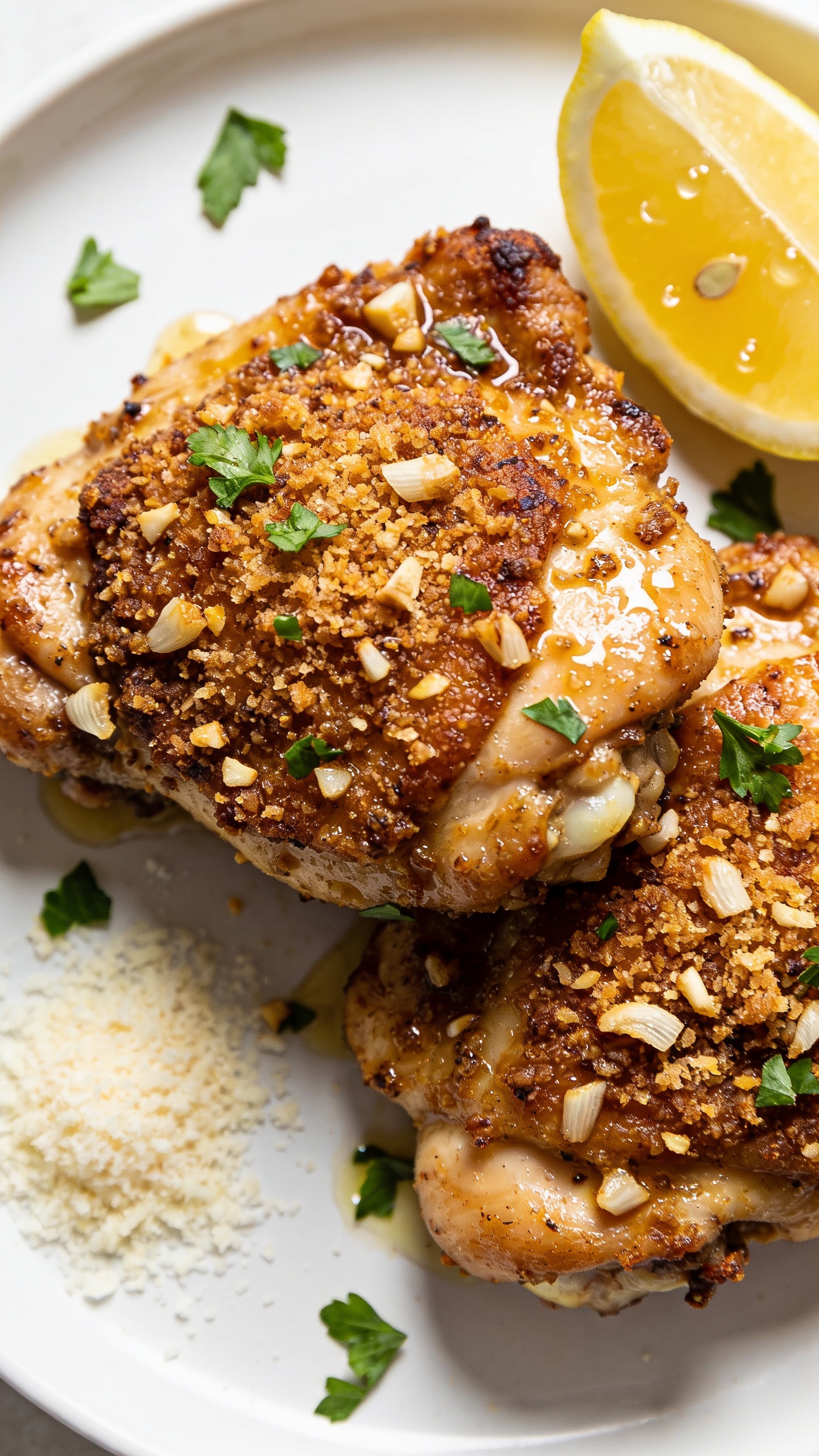 Extreme close-up angle from slightly above the plate showing two to three garlic Parmesan chicken thighs overlapping: rugged, crackly skin with browned Parmesan crust, tiny crunchy garlic shards, rendered juices giving a lacquered sheen, and fresh parsley sprinkled over. A small drift of finely grated Parmesan to one side and a squeezed lemon wedge with visible juice droplets for brightness. Bright natural light, tight framing, shallow depth of field, food filling 90â95% of frame, cohesive with the other images, no text.