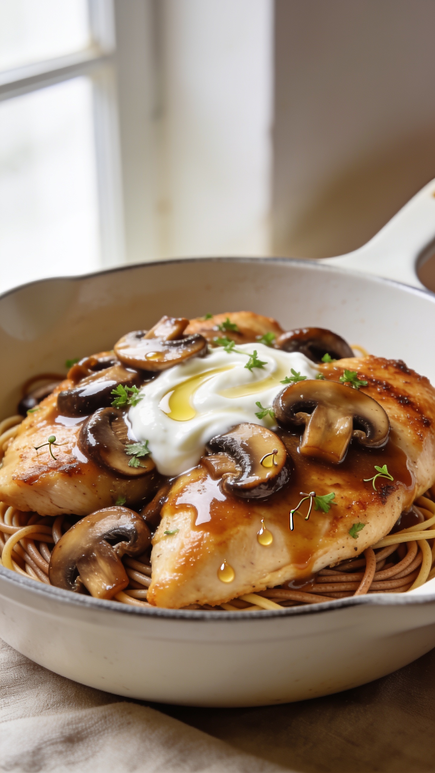 Ultra-close hero shot of Healthy Chicken Marsala: golden-brown pan-seared chicken cutlets nestled in a shallow white ceramic skillet, blanketed with glossy Marsala mushroom sauce made with olive oil and a light swirl of Greek yogurt for silkiness; thick-sliced cremini and shiitake mushrooms glistening, edges caramelized; finely chopped fresh parsley scattered sparingly; a few micro-droplets of sauce clinging to the chickenâs crisp edges; served over a small bed of al dente whole-wheat spaghetti peeking out beneath the cutlets; bright natural window light from the left, soft bounce on the right, shallow depth of field that blurs the far rim of the skillet; warm neutral background with subtle linen texture; food fills 90â95% of frame, rich browns and amber hues of Marsala wine sauce, clean, premium food-blog styling.