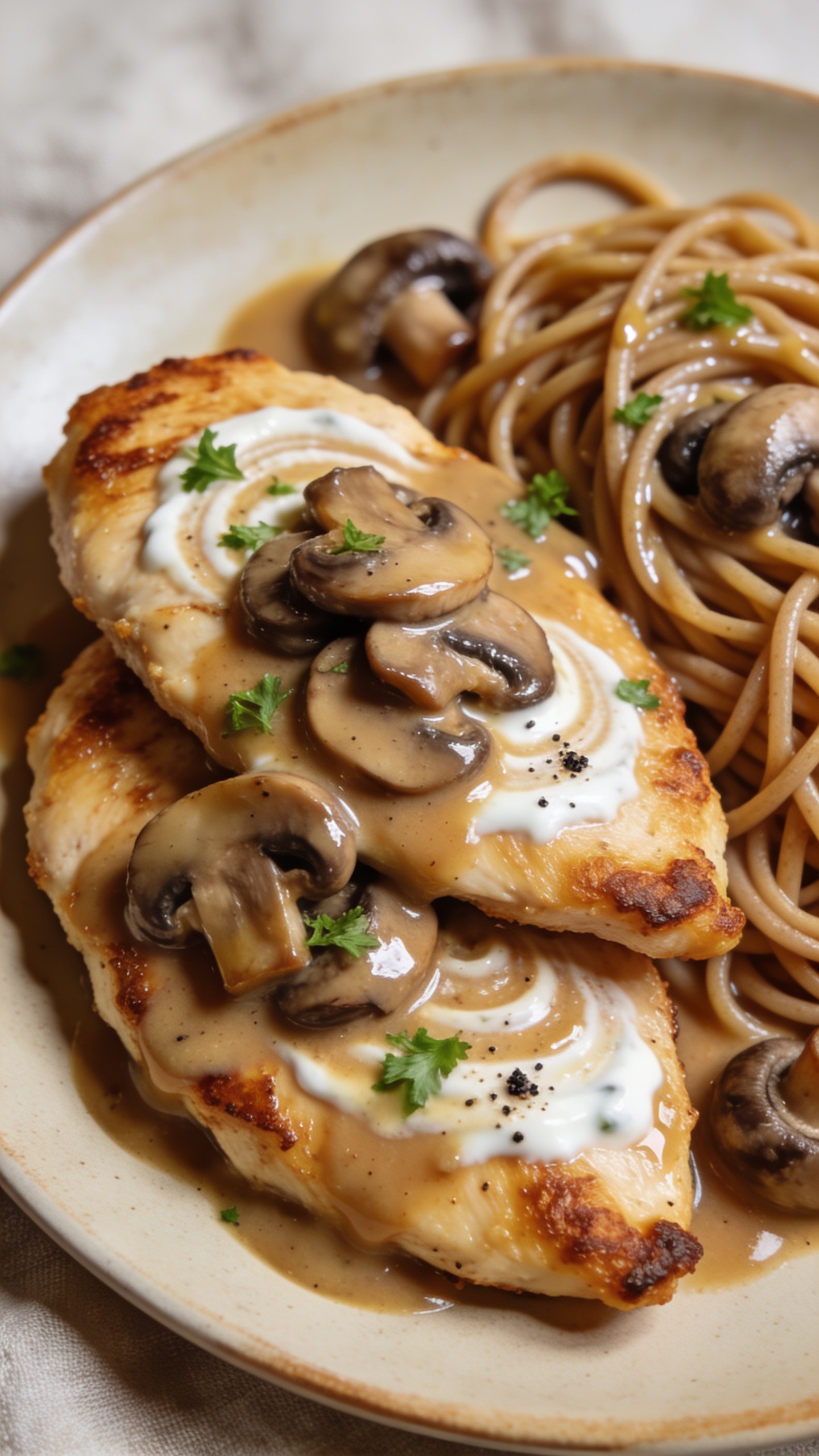 Macro close-up angle of the plated Healthy Chicken Marsala from slightly overhead and to the side: two overlapping golden chicken cutlets with crisp, browned edges, generously spooned with the shiny Marsala mushroom sauce; meaty mushroom slices piled in small clusters, sheen catching the light; delicate swirl marks in the sauce showing the light Greek yogurt finish; a restrained sprinkle of fresh parsley and a few cracks of black pepper on top; a tangle of whole-wheat spaghetti tucked to one side, strands glistening with sauce, a few mushrooms nestled among them; bright natural lighting, shallow depth of field focusing on the front cutlet and mushrooms, warm ceramic plate and neutral linen backdrop blurred; 90â95% food fill, rich textures and inviting color.