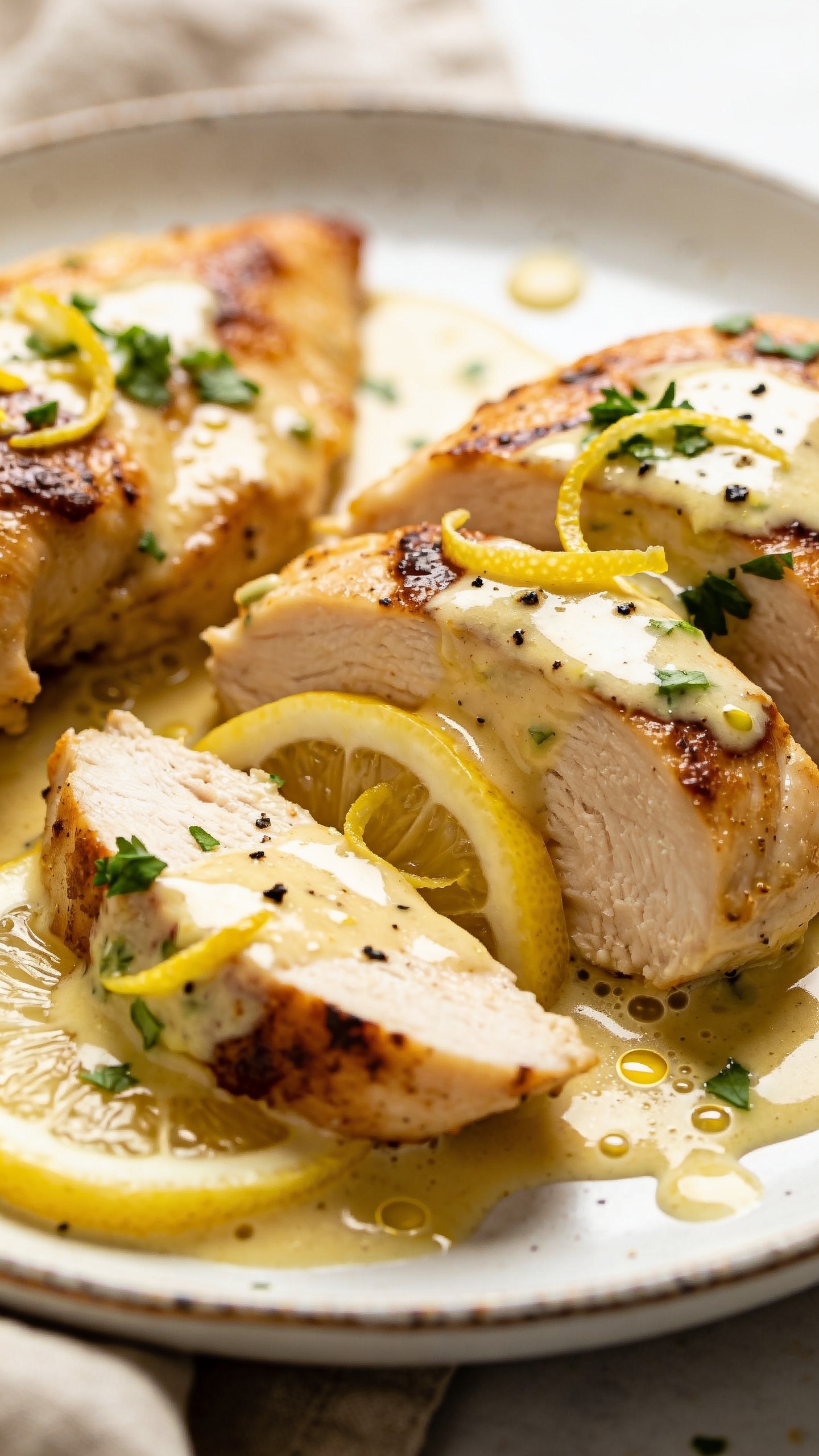 Ultra close-up hero shot of creamy lemon chicken: juicy pan-seared chicken thighs sliced to reveal moist interior, bathed in a glossy, silky lemon-garlic cream sauce with visible micro-bubbles and a buttery sheen, thin lemon slices tucked into the sauce, fresh lemon zest sprinkled on top, flecks of black pepper and chopped parsley for brightness; served on a shallow white ceramic plate with a subtle rim, a few sauce puddles glinting in the light; bright natural side lighting, shallow depth of field with the front slice in razor focus and the background softly blurred; warm neutral linen barely peeking at the edge, food filling 90â95% of the frame, premium food-blog styling, vibrant yet cozy tones.