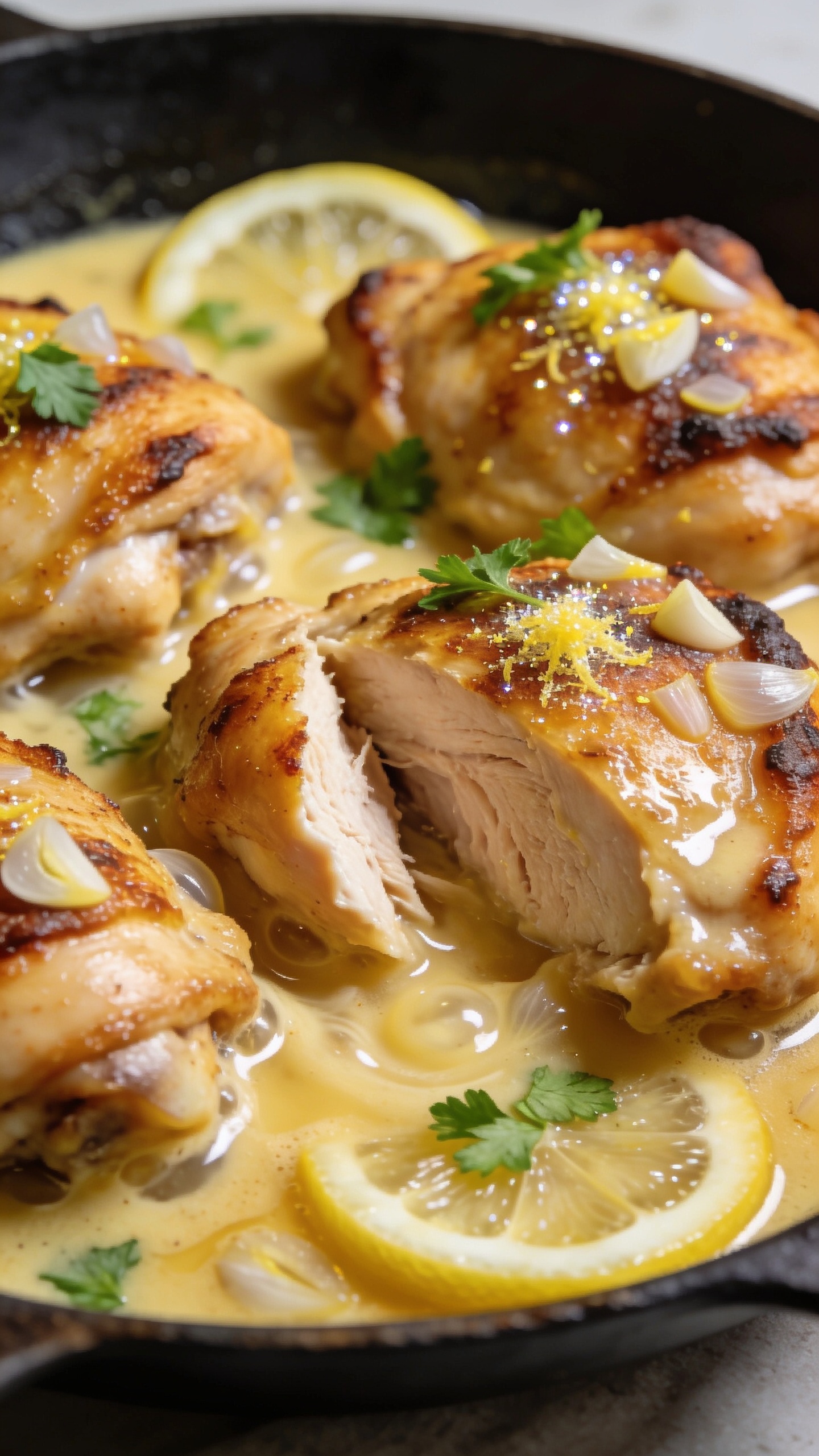 Textural close-up from a low angle: seared chicken thighs nestled in the pan sauce, showing caramelized golden edges and moist fibers where a piece was cut, sauce swirled thickly around the chicken with a glossy, buttery finish; translucent softened garlic bits visible, fine lemon zest sparkling on top, a few fresh parsley leaves scattered; thin lemon wheels partially submerged, edges catching the light; bright natural top-back lighting, shallow depth of field emphasizing juicy textures and rich sheen, food filling 90â95% of the frame, cohesive with the other shots.
