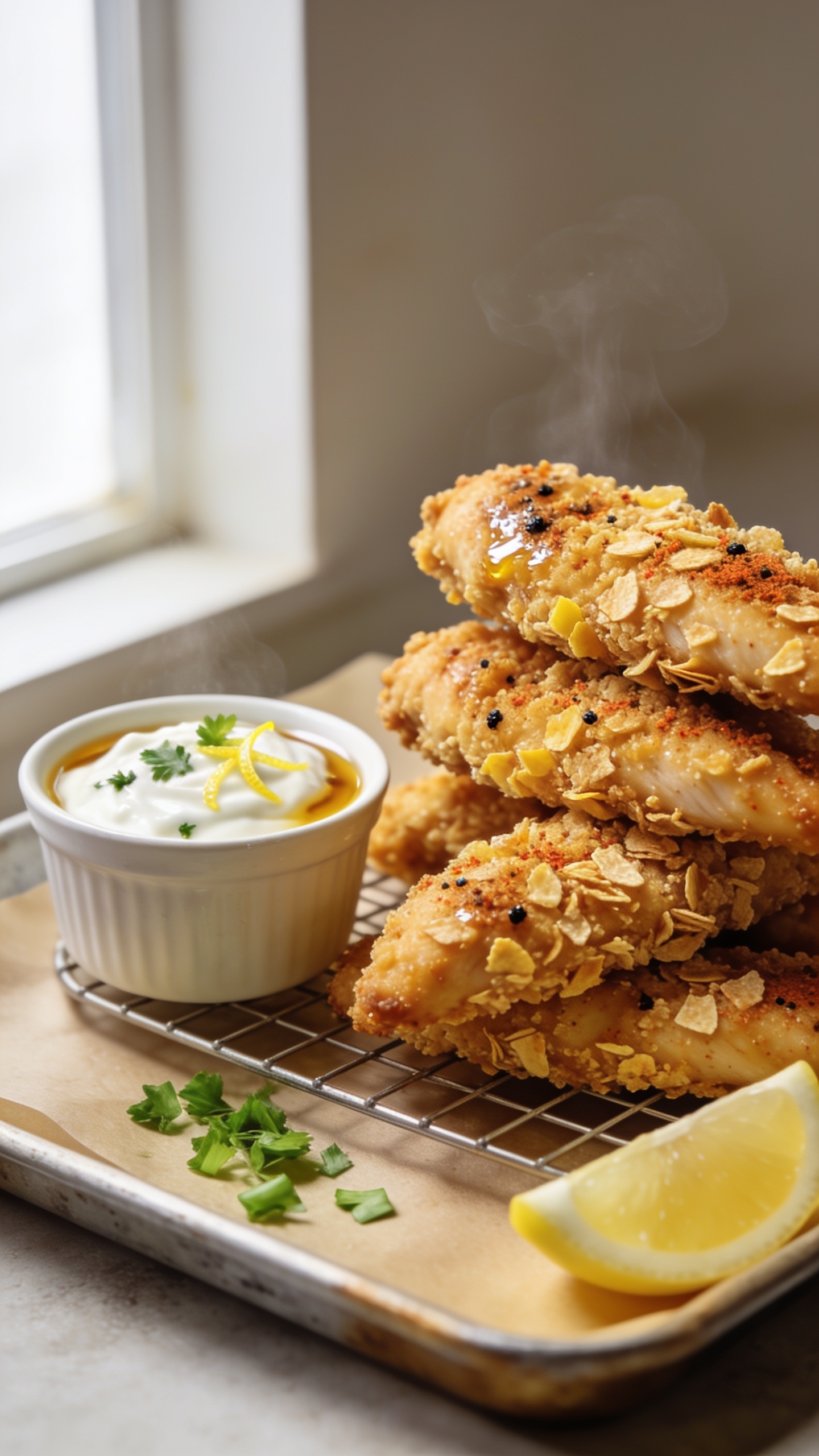 Ultra-close hero shot of golden oven-baked chicken tenders stacked on a small parchment-lined sheet pan with a wire rack visible beneath, each tender coated in a crisp, craggy mix of breadcrumbs and crushed cornflakes, lightly speckled with paprika and black pepper, glistening with a whisper of oil, steam faintly rising. A small ramekin of creamy Greek yogurt honey-mustard dip tucked beside the tenders, with a few flecks of parsley and lemon zest on top. A lemon wedge and a scatter of fresh chopped parsley on the pan, bright natural window light from the left, shallow depth of field, crisp textures in focus, warm neutral background, food filling 90â95% of frame, premium food-blog styling.
