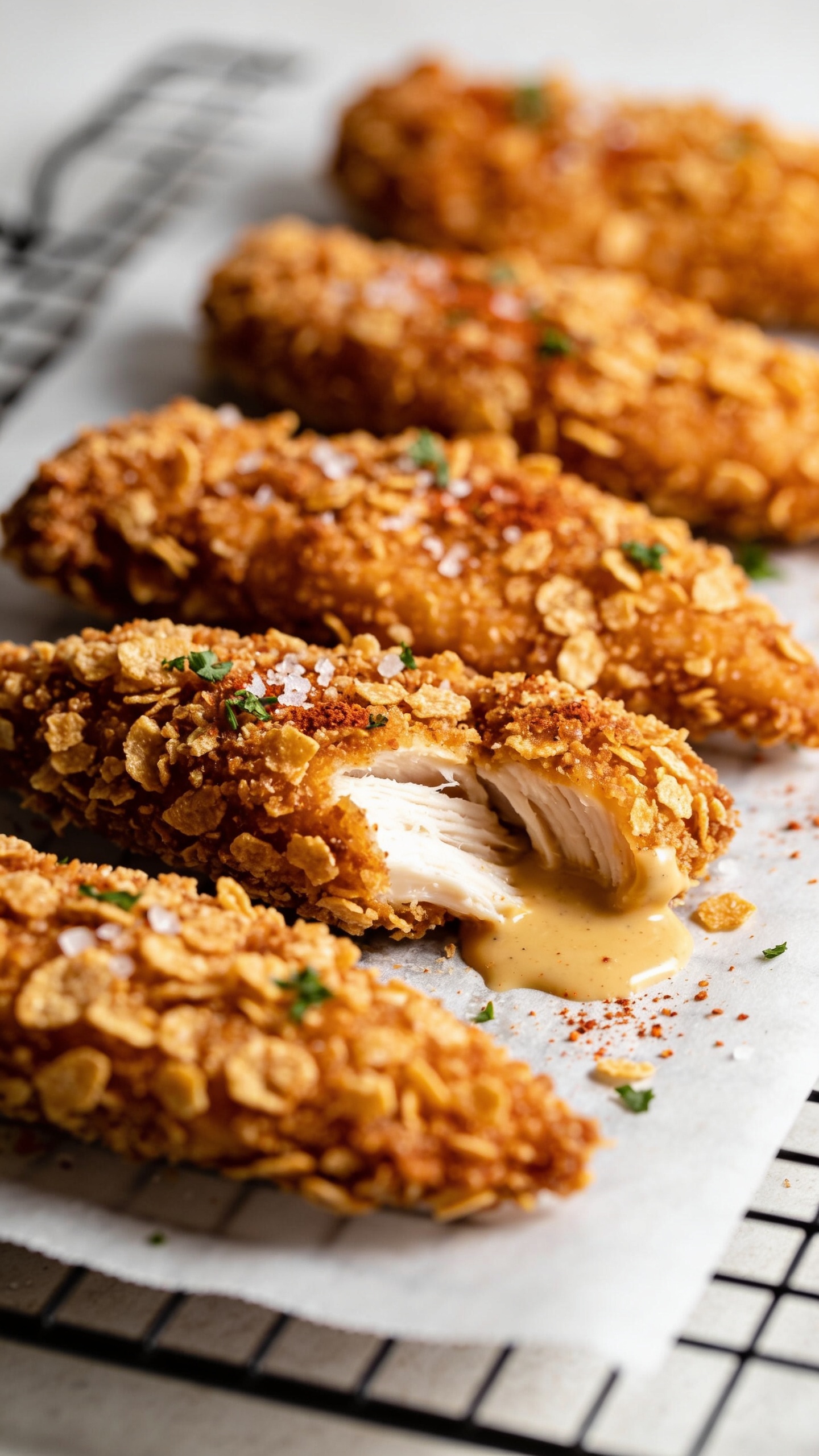 Tight macro angle from slightly overhead on a few oven-baked chicken tenders arranged in a tidy row on a parchment-lined wire rack, one tender cut open to reveal a juicy, moist white interior contrasted with the ultra-crispy, deeply golden crust of breadcrumbs and crushed cornflakes. Tiny salt crystals, paprika specks, and parsley flecks visible on the surface, with a small pool of creamy honey-mustard dip partially smeared where the cut tender was dipped. Bright natural side light, shallow depth of field emphasizing crunchy ridges and juicy texture, warm neutral background blur, food filling 90â95% of frame, cohesive with the other shots.