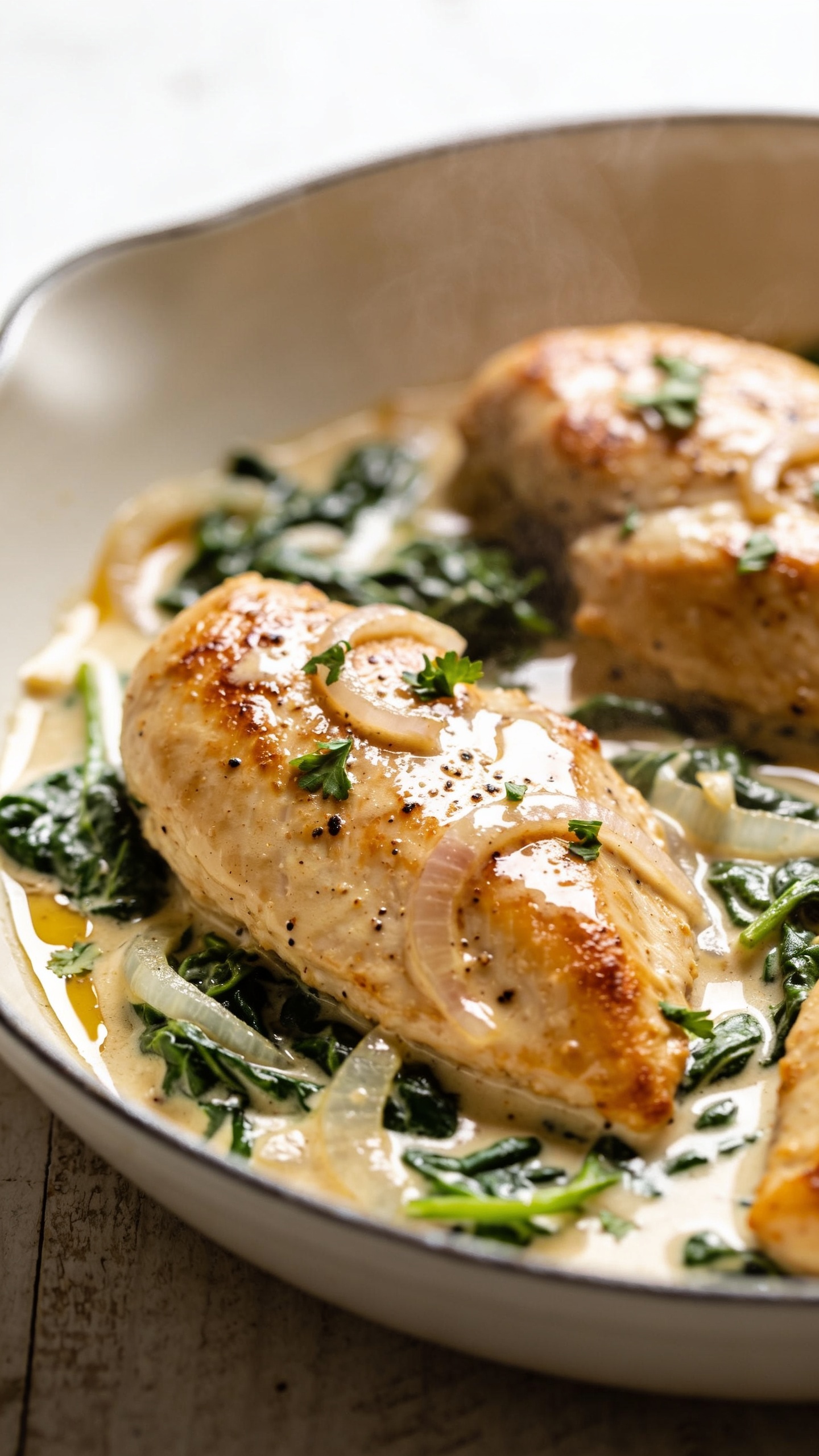 Ultra-close hero shot of Creamy Spinach Chicken: golden-seared chicken breasts nestled in a glossy, garlicky cream sauce studded with tender wilted spinach and translucent slivers of shallot, tiny flecks of black pepper, and a light sheen of chicken jus. A few micro-chopped parsley leaves scattered naturally on top. Served in a shallow off-white ceramic skillet-style dish with a faint rim, minimal background blur showing a rustic light wood surface. Bright natural side lighting, soft highlights on the sauceâs silky texture, shallow depth of field focusing on the front piece of chicken, sauce pooling around the edges, steam subtly rising. Food fills 90â95% of the frame, premium food-blog styling, no text.