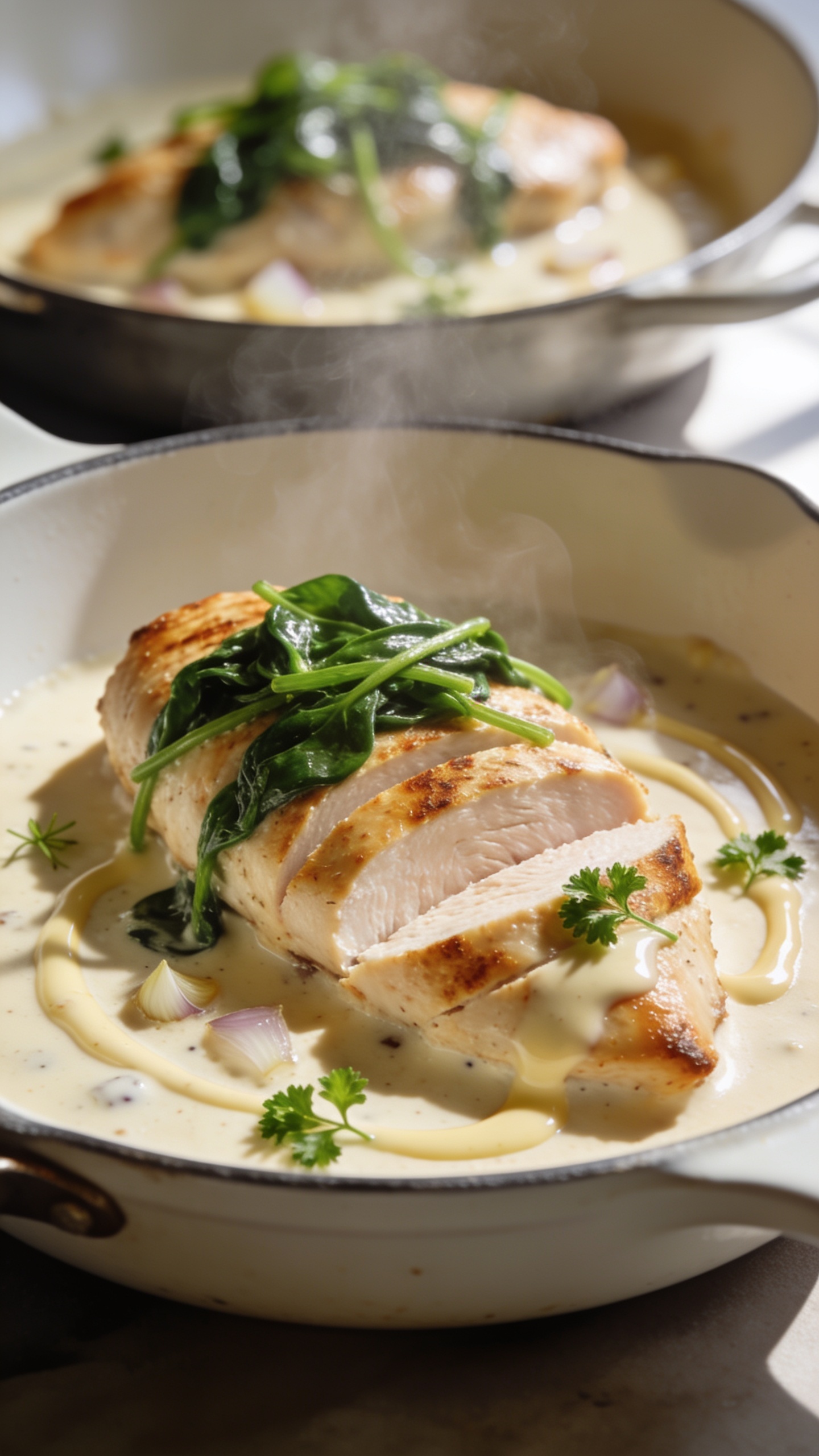 Macro close-up from a low, three-quarter angle of the same finished Creamy Spinach Chicken: focus on a single breast sliced slightly on the bias to reveal juiciness, edges lightly browned, bathed in velvety cream sauce with visible garlic specks and soft shallot. Fresh spinach threads glossy and vibrant deep green, a final drizzle of sauce swirled around the slices, a few micro parsley leaves for contrast. Bright natural window light, soft shadows, pronounced bokeh of the remaining chicken and sauce in the background of the same off-white skillet. Food dominates 90â95% of the frame, steam gently rising, premium food-blog styling, no text.