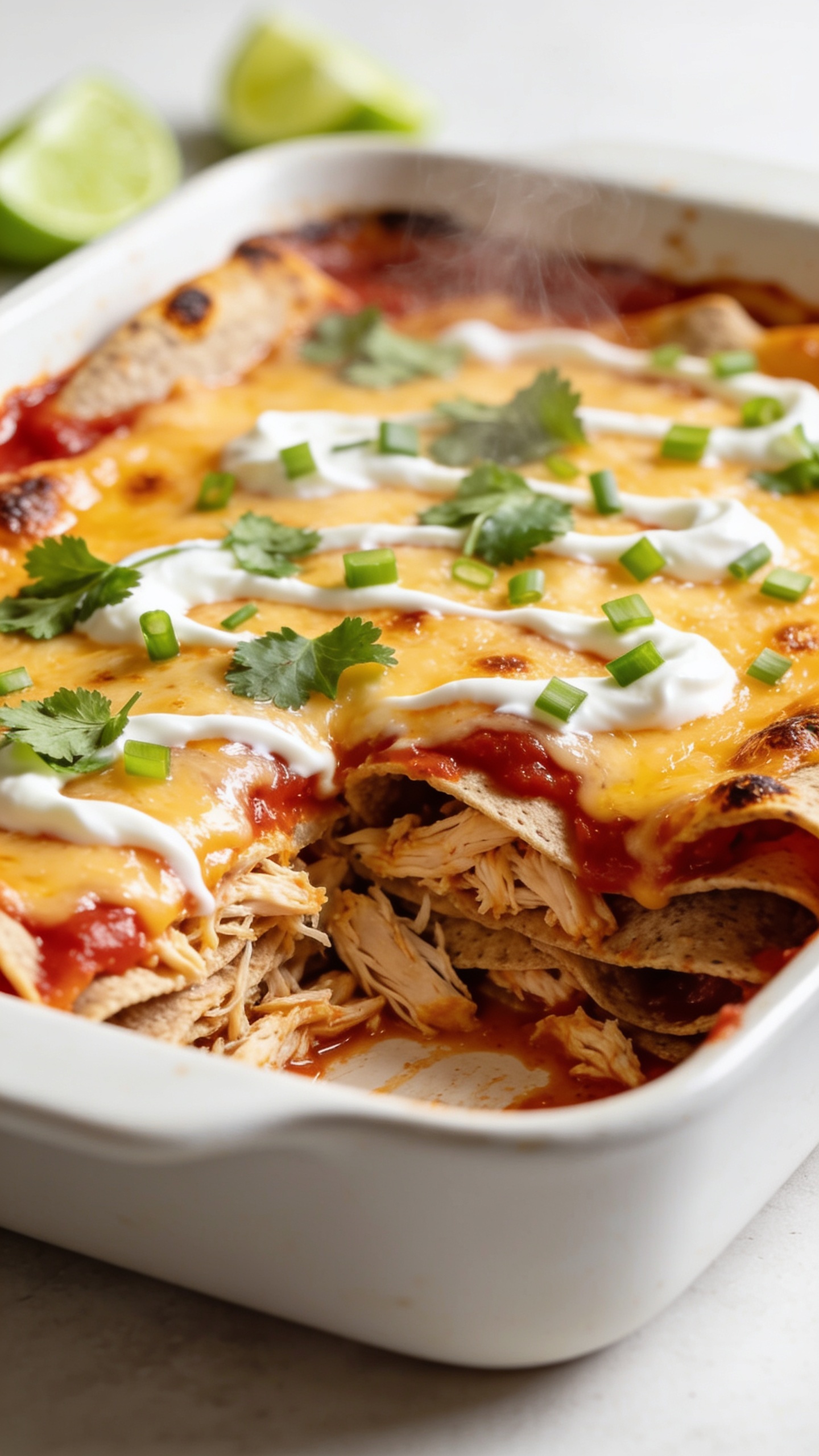 Ultra-close hero shot of a freshly baked Healthy Chicken Enchilada Casserole in a white ceramic baking dish, 90â95% of frame filled with the casserole: visible layers of shredded chicken, whole-grain tortillas, and red enchilada sauce, topped with a golden, lightly blistered melted cheese layer; scattered fresh cilantro leaves and a few finely sliced green onions on top; tiny dollops/ribbons of creamy Greek yogurt swirled into the surface, glossy sauce peeking through cheese around the edges, and lightly crisped corners; bright natural side light, shallow depth of field, steam subtly rising, warm tones with a clean neutral background and a few lime wedges blurred in the back for color pop.