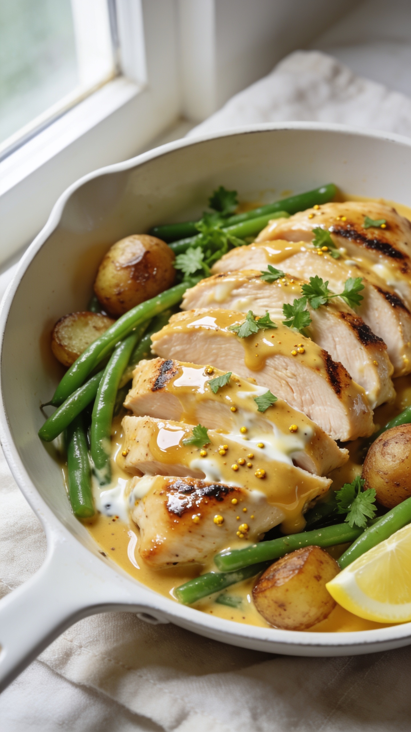 Ultra-close hero shot of Healthy Honey Mustard Chicken: seared boneless skinless chicken breasts sliced and fanned in a shallow white skillet, coated in a glossy golden honey-mustard-Greek-yogurt sauce with visible specks of Dijon and ground mustard, charred edges glistening, a few roasted baby potatoes and vibrant steamed green beans tucked around the chicken for context, fresh chopped parsley sprinkled lightly over the top, a small lemon wedge off to the side, natural window light from the left, shallow depth of field, bright and clean styling on a light linen, 90â95% of frame filled with the saucy chicken, rich textures and shine, premium food-blog aesthetic.