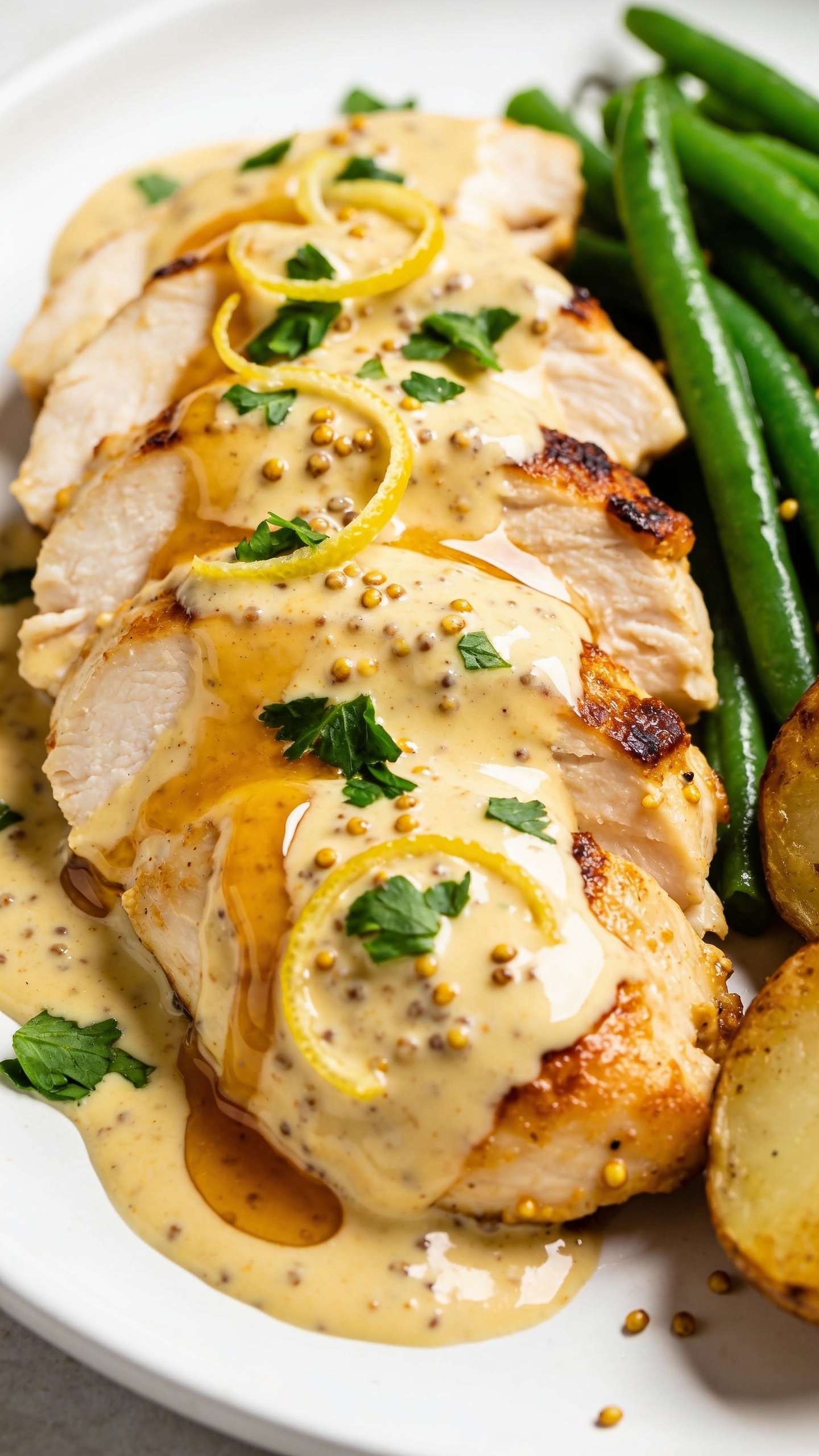 Macro close-up angle from slightly overhead of the same plated chicken breasts on a simple white plate: knife-cut slices overlapped and drenched in the creamy honey-mustard-Greek-yogurt sauce with Dijon grains visible, caramelized edges, a light finishing drizzle of extra sauce pooled along one side, sprinkled fresh parsley and a few mustard seeds for texture, thin lemon zest curls for brightness, side accents of crisp-tender green beans and a couple roasted potato halves just peeking in, bright natural light, shallow depth of field, 90â95% frame filled with saucy chicken, rich, glossy, irresistible.