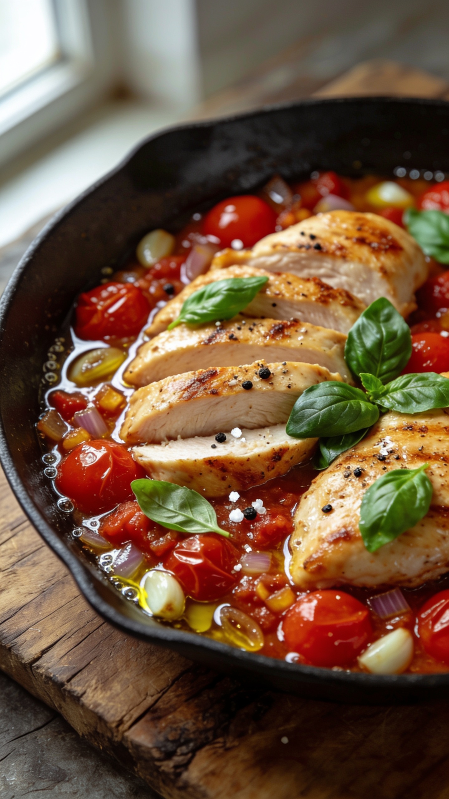 Ultra-close hero shot of Tomato Basil Chicken: golden seared chicken breasts sliced to show juicy interior, nestled in a glossy skillet pan sauce of burst cherry tomatoes and crushed tomato jus, visible minced garlic and caramelized shallots, extra-virgin olive oil sheen, torn fresh basil leaves scattered on top, a few larger basil leaves tucked near the chicken, cracked black pepper and sea salt flakes, light micro-bubbles of sauce at the edges, bright natural window light from the left, shallow depth of field, dark matte skillet set on a rustic wood board with barely-there blurred background, saturated reds and greens, food filling 90–95% of frame, premium food-blog styling, no text, no hands.